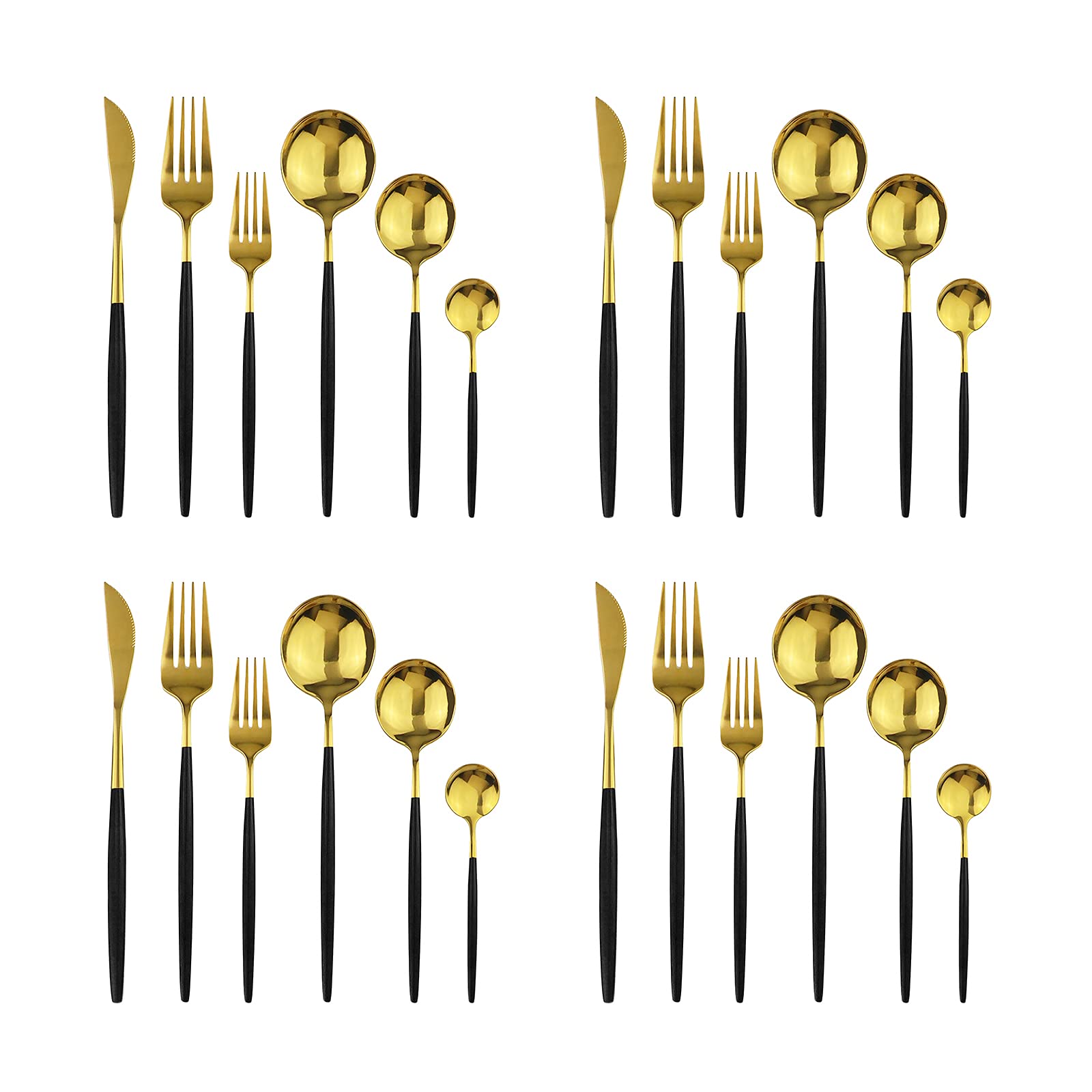 24-Piece Gold Mirror Silverware Flatware Set with Black Handle - 18/0 Stainless Steel Cutlery (Knife, Fork, Spoon, Teaspoon) - Service for 4 - Elegant Dinnerware for Formal Dining, Wedding Gifts & Home Entertaining