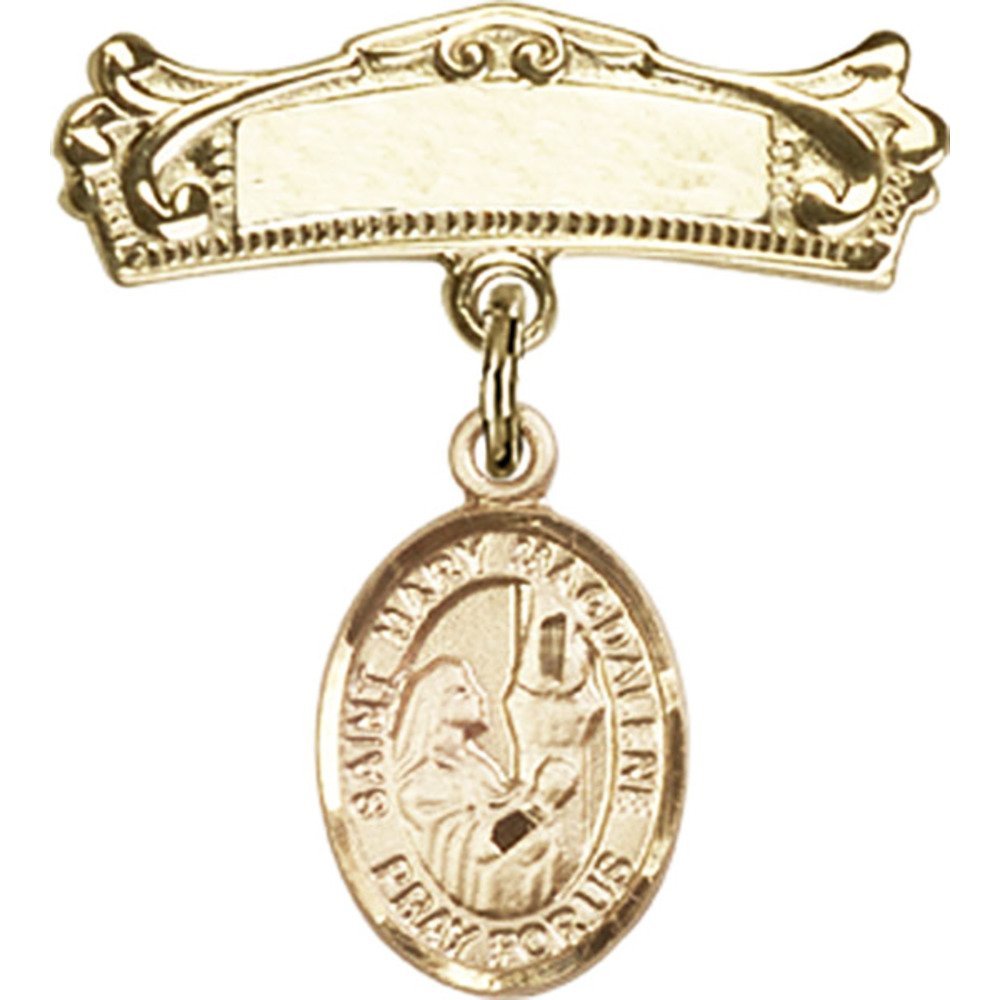 7/8 X 3/4 Inch Gold Filled Baby Badge with St. Mary Magdalene Charm - Arched Polished Badge Pin for Christening, Baptism & First Communion Gifts