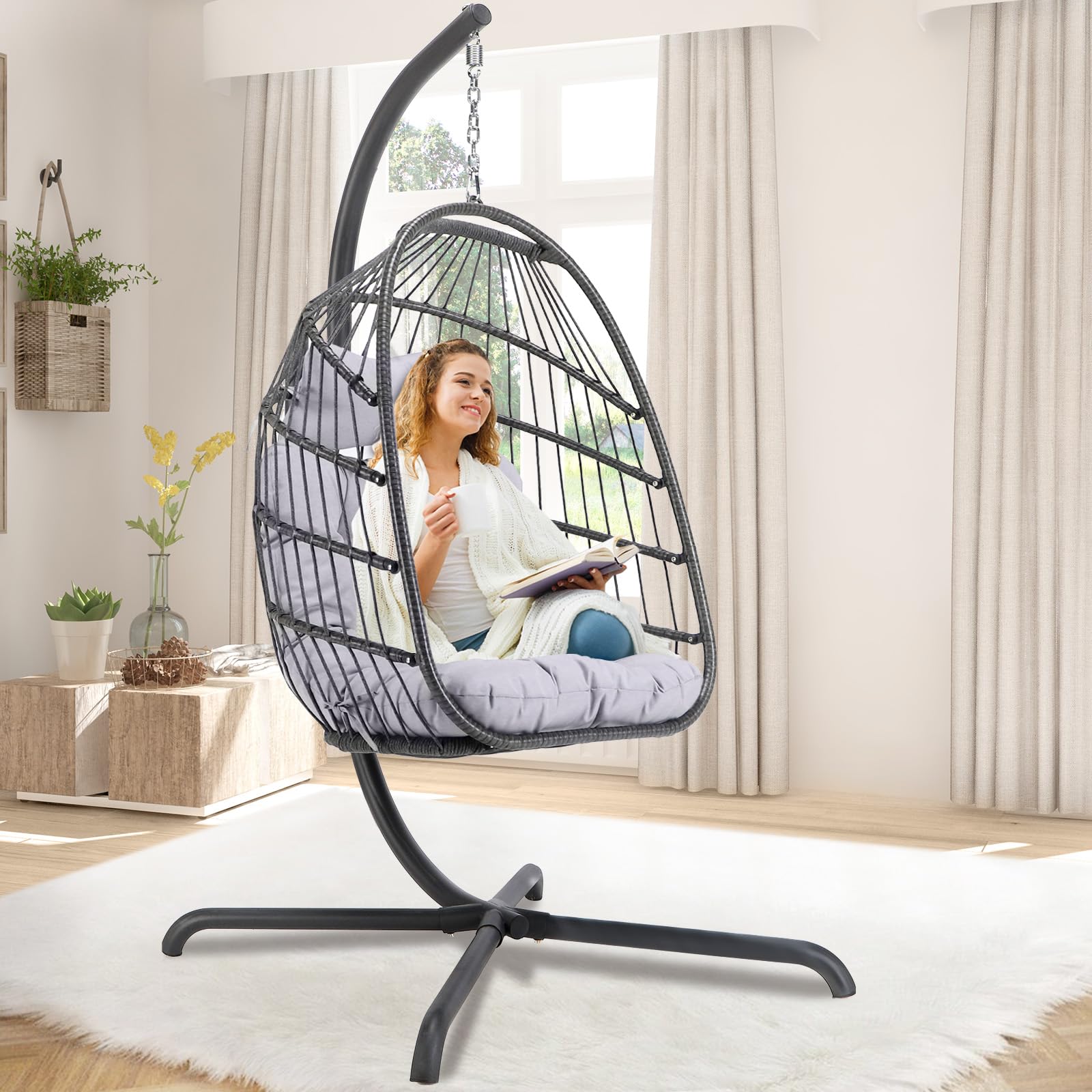 Premium Outdoor Hanging Egg Chair with Stand - Waterproof Cushions & PE Rattan Wicker - Foldable Swing Chair for Patio, Garden, Balcony - Indoor/Outdoor Use - 350lbs Capacity (Light Grey) - Perfect for Relaxing, Reading & Lounging in Your Backyard or Living Room
