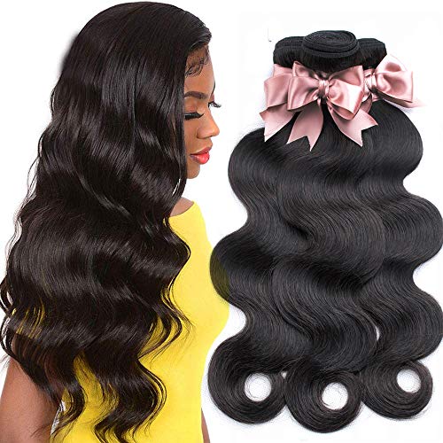 LUXEDIVA Brazilian Body Wave Virgin Hair 3 Bundles 12 14 16 Inch 100% Unprocessed Human Hair Extensions with Free 10inch Lace Closure - Natural Black Color for Styling & Volume - Perfect for Daily Wear, Parties & Special Occasions