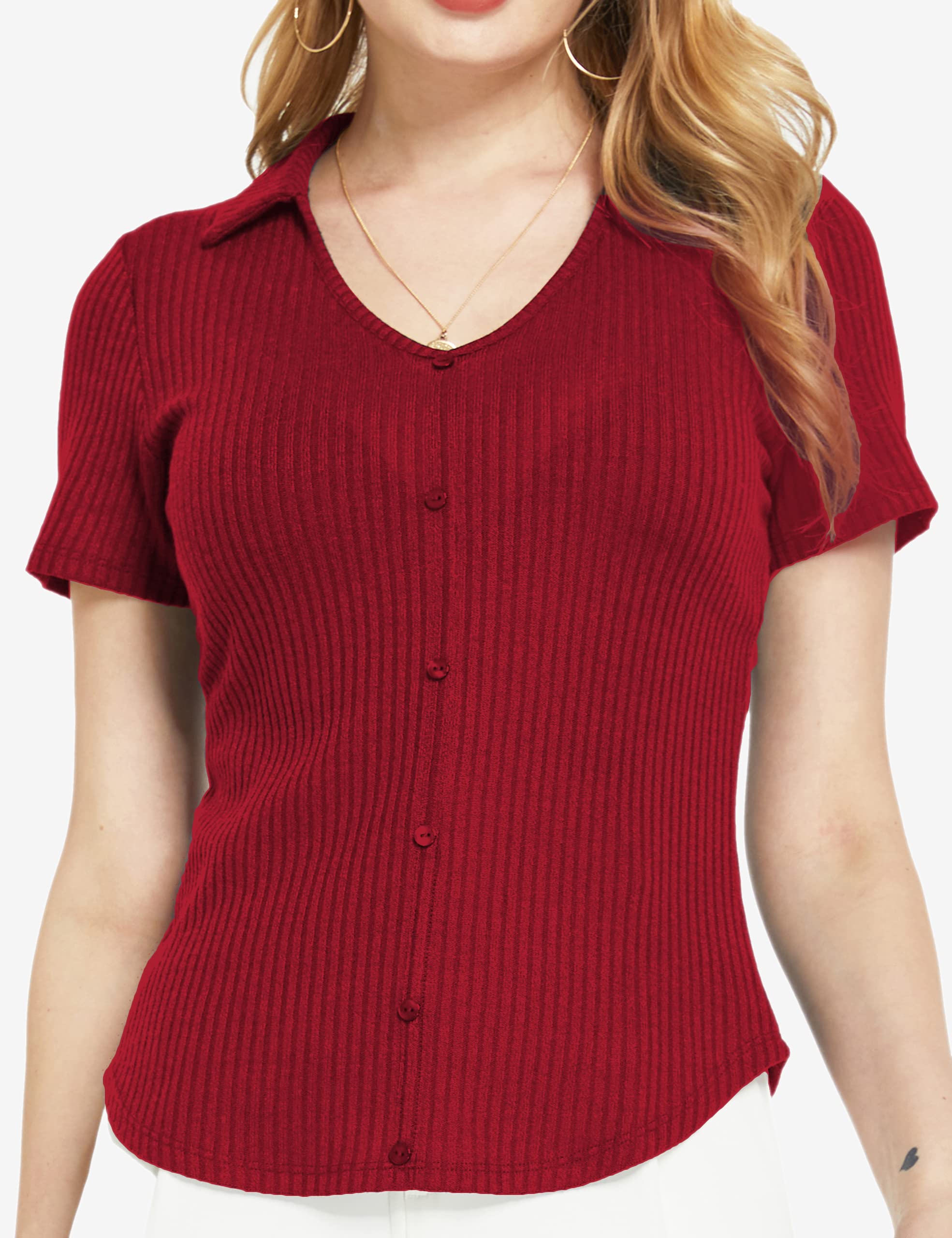 Women's V-Neck Ribbed Fitted T-Shirts - Short Sleeve Summer Tops for Casual Wear, Date Night & Office Outfits