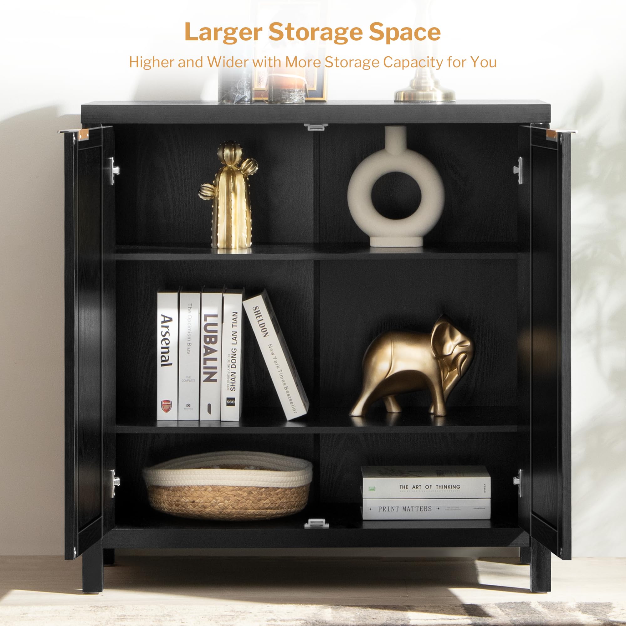SICOTAS 2-Piece Black Boho Rattan Sideboard Buffet Cabinet with Storage - Modern Accent Coffee Bar Console for Dining Room, Living Room, Entryway & Kitchen - Perfect for Home Decor, Entertaining & Extra Storage Space