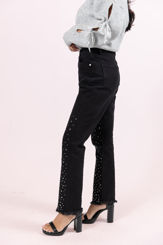 LaDonna Women's Black Rhinestone Embellished Jeans - High Waist Skinny Denim Pants for Casual Wear & Night Out