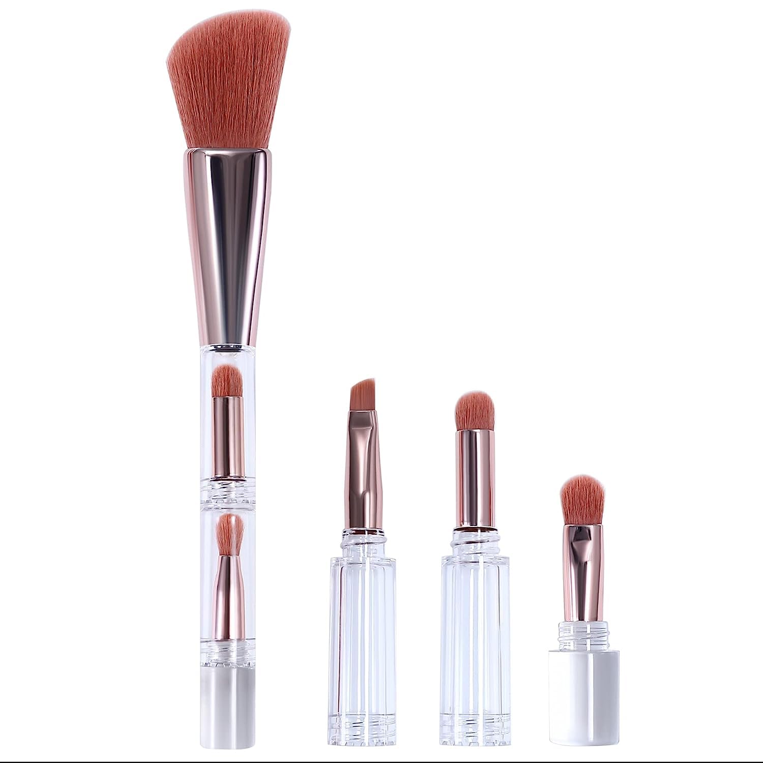 Vegan 4-in-1 Travel Makeup Brush Set - Professional Multifunction Powder & Eye Shader Brush for On-the-Go Beauty | Perfect for Airplane, Gym Bag & Weekend Getaways