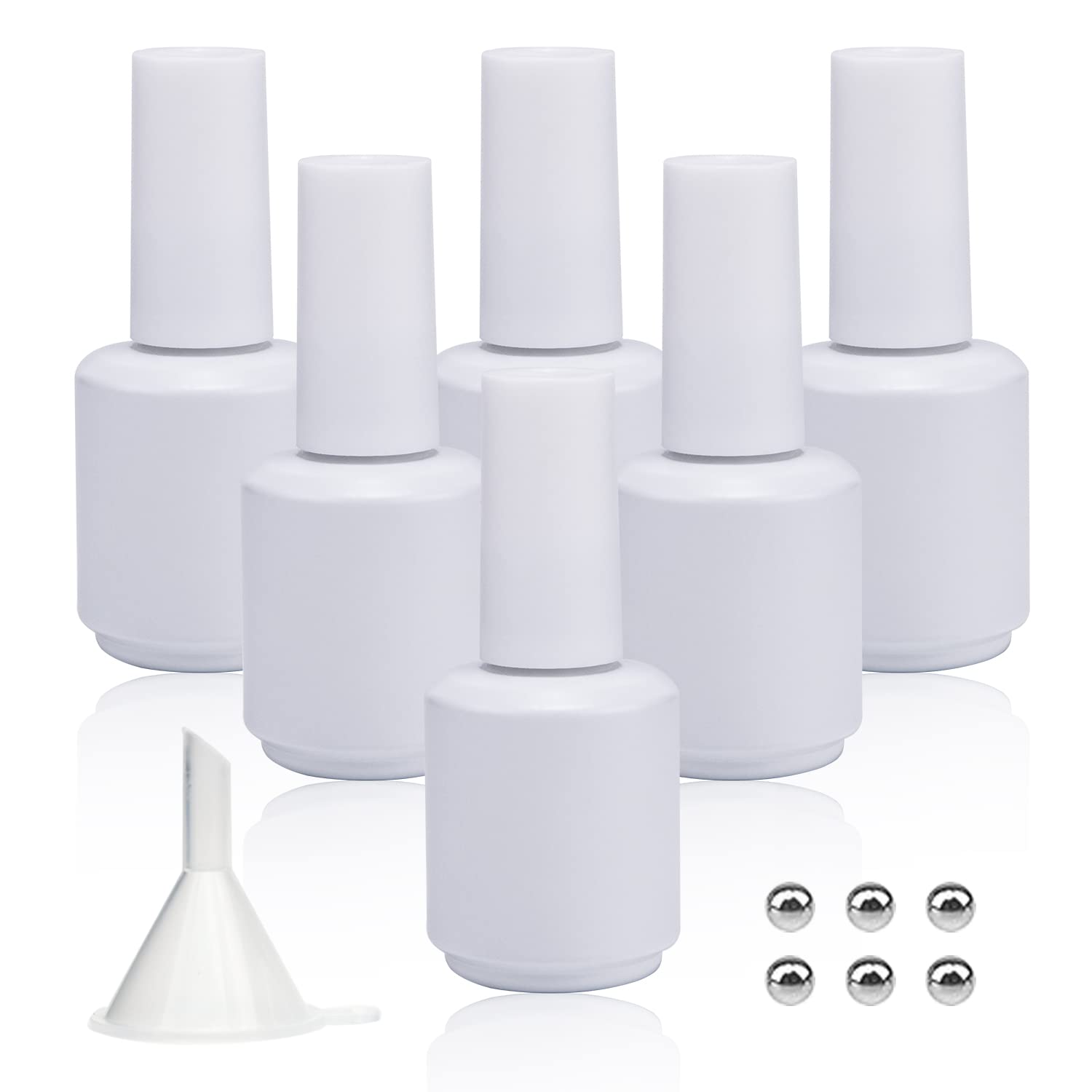 15ML Empty Gel Nail Polish Bottles - Opaque Round Refillable Glass Bottles with Mixing Balls & Funnels, UV Safe for DIY Nail Art - Pack of 6 Matte White (Perfect for Salon Professionals & Home Manicure Kits)