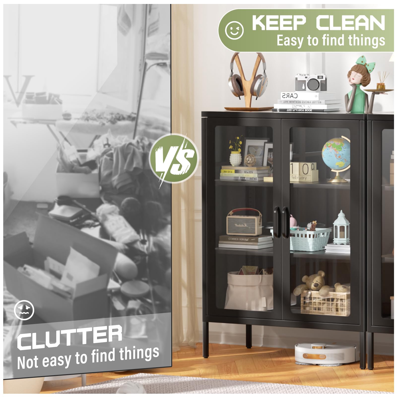 Betterland Black Metal Storage Cabinet with 2 Glass Doors & 2 Shelves - Lockable Curio Display Cabinet for Home, Pantry, Kitchen | Perfect for Showcasing Collectibles, Storing Spices & Organizing Kitchen Supplies