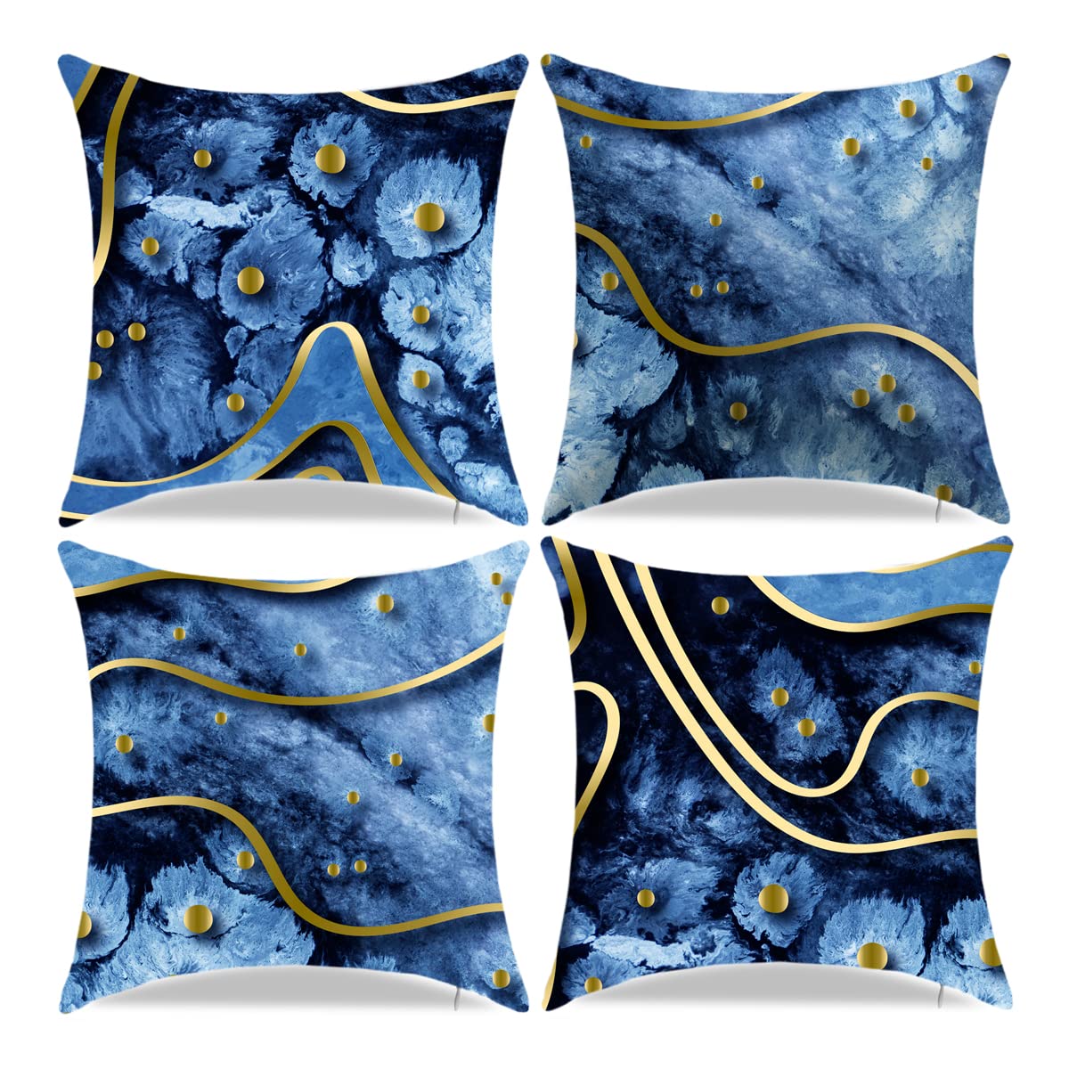Navy Blue Decorative Throw Pillow Covers 18x18 Inches - Set of 4 Gold & Blue Cushion Covers for Sofa, Bed, Living Room - Luxury Royal Blue Home Decor for Bedroom, Couch & Lounge Comfort