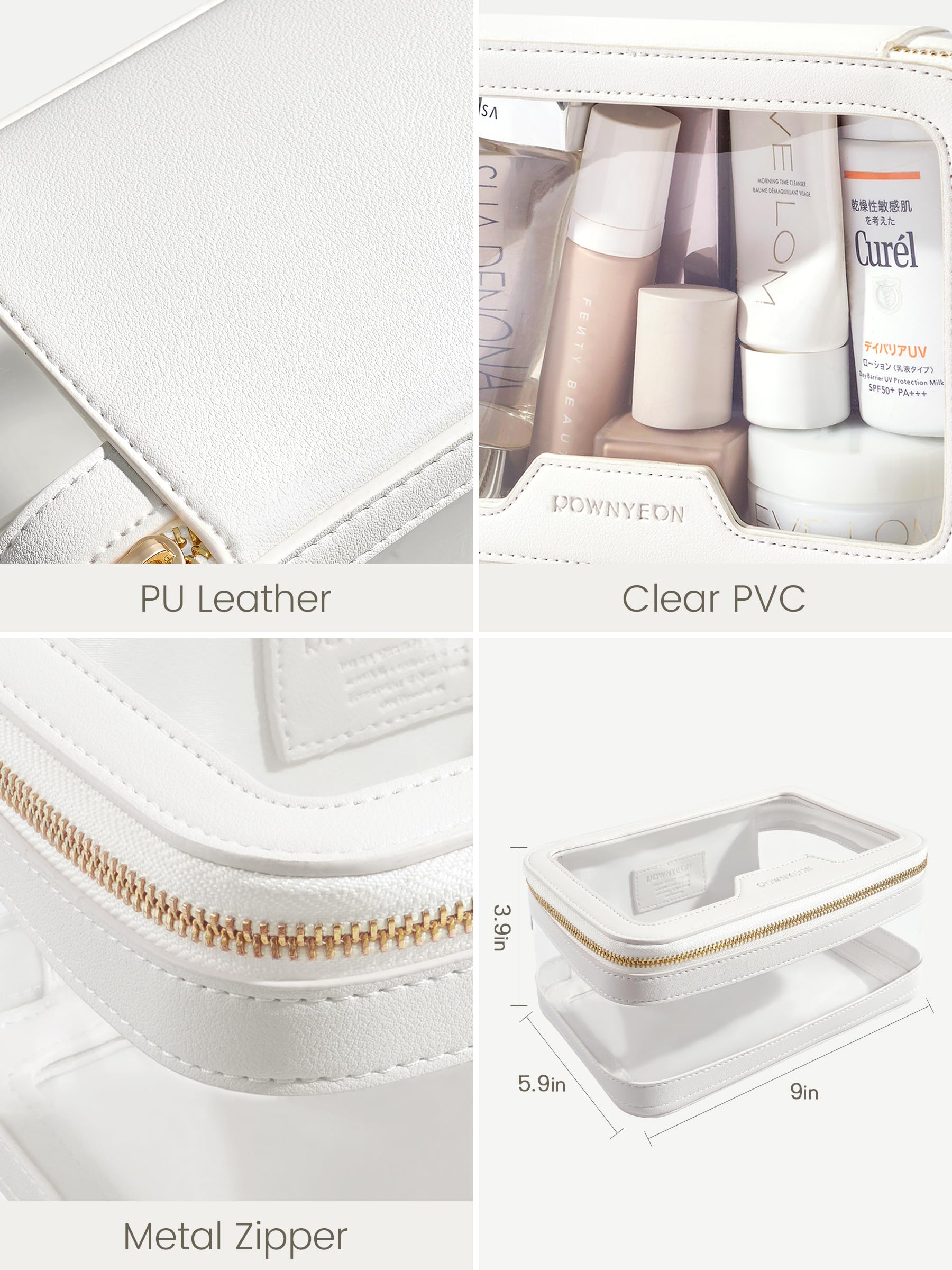 ROWNYEON Clear Makeup Case Toiletry Bag - Waterproof Travel Cosmetic Organizer, Transparent Storage Bag for Makeup Brushes & Skincare (White) - Perfect for Travel, Gym & Daily Organization