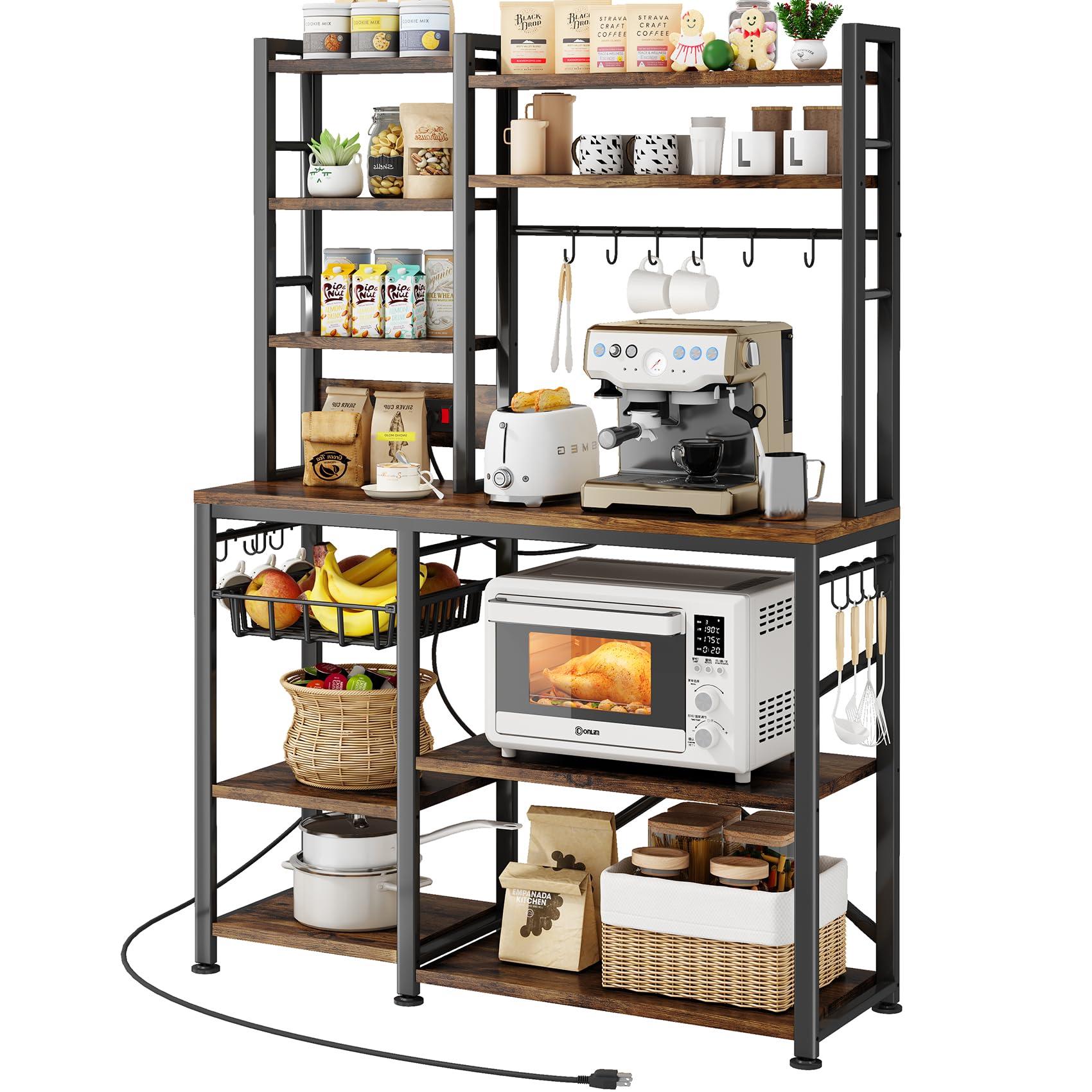 Baker Rack with Power Outlet - Microwave Stand with Storage, Large Coffee Bar Station with 14 Hooks, Metal Kitchen Shelf Organizer for Spices & Pots (Rustic Brown) | Perfect for Small Kitchens, Coffee Bars & Pantry Organization
