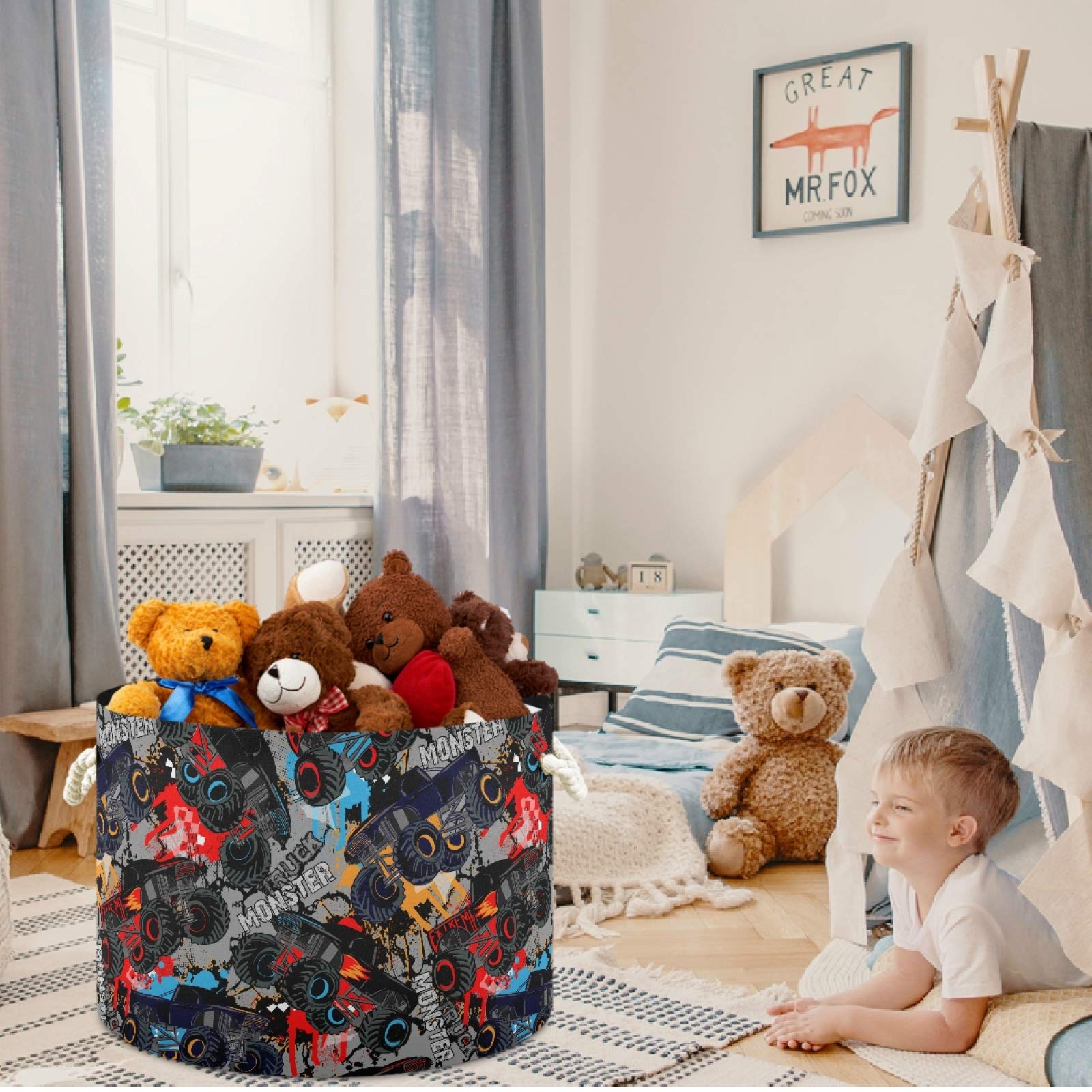 Visesunny Monster Truck Car Pattern Collapsible Fabric Laundry Basket - Foldable Storage Bin for Toys, Clothes & Organizing - Perfect for Bathroom, Bedroom, Nursery, Closet & Office - Great for Kids' Room Decor & Toy Storage