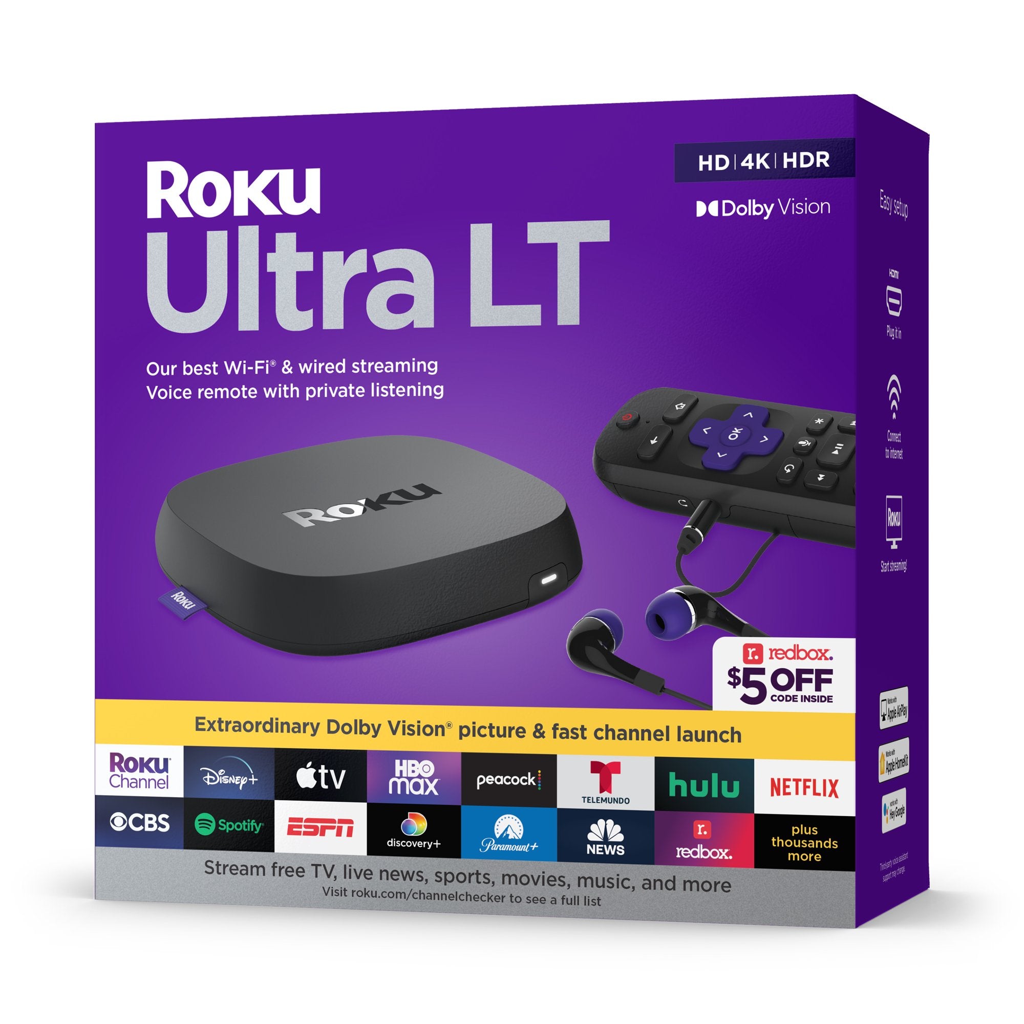 Roku Ultra LT 4K/HDR Streaming Media Player with Voice Remote, HDMI & Headphone Jack - Watch Netflix, Hulu, Disney+ in HD - Perfect for Home Theater & Entertainment Systems (Black)