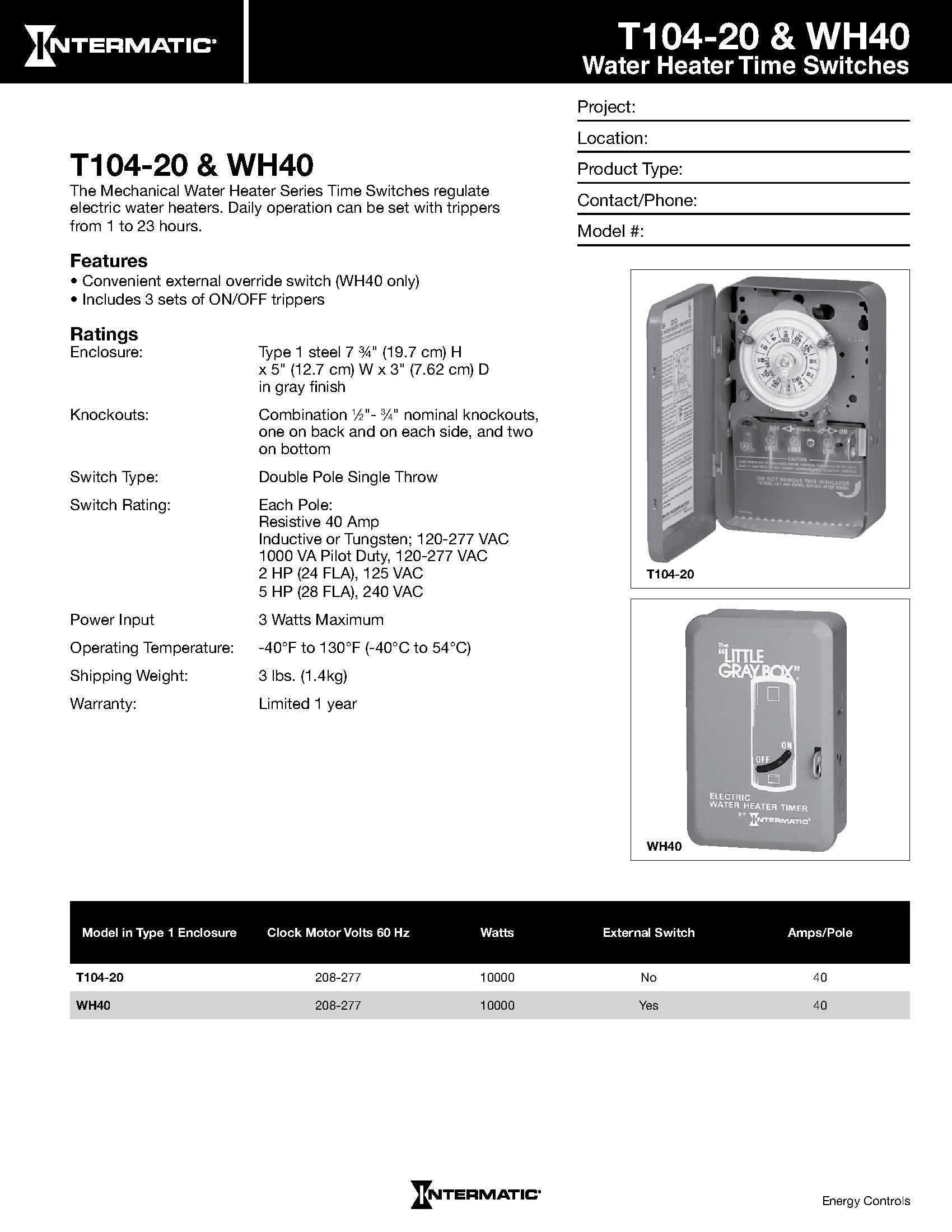Intermatic WH40 Electric Water Heater Timer, Gray - Energy Saving Programmable Timer for Water Heaters, Perfect for Homes, Pools & Spas