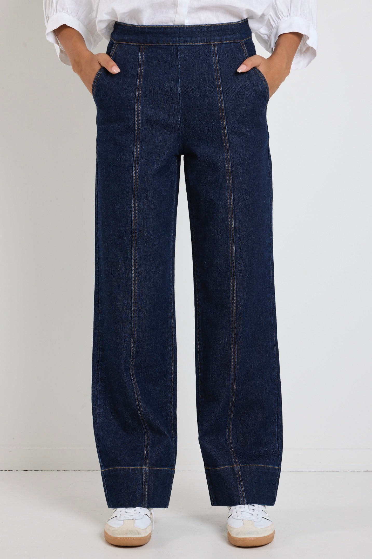 Imperial Indigo Flat Front Wide Leg Jeans for Women - High Waisted Comfortable Denim Pants for Casual Wear & Everyday Style