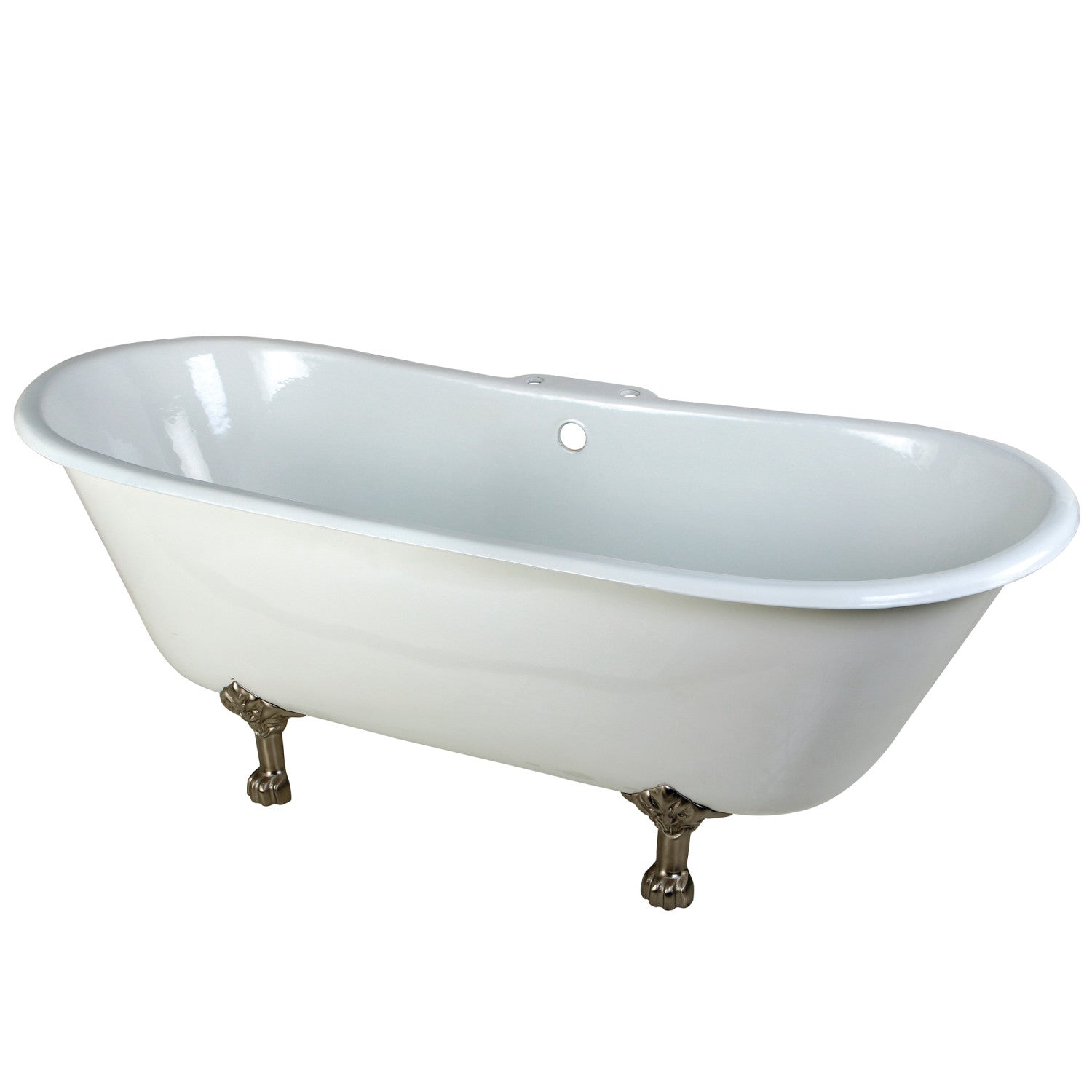 Aqua Eden 67 Inch White Cast Iron Oval Double Slipper Clawfoot Bathtub with Brushed Nickel Faucet Drillings - Vintage Freestanding Soaking Tub for Luxury Bathroom & Spa Relaxation