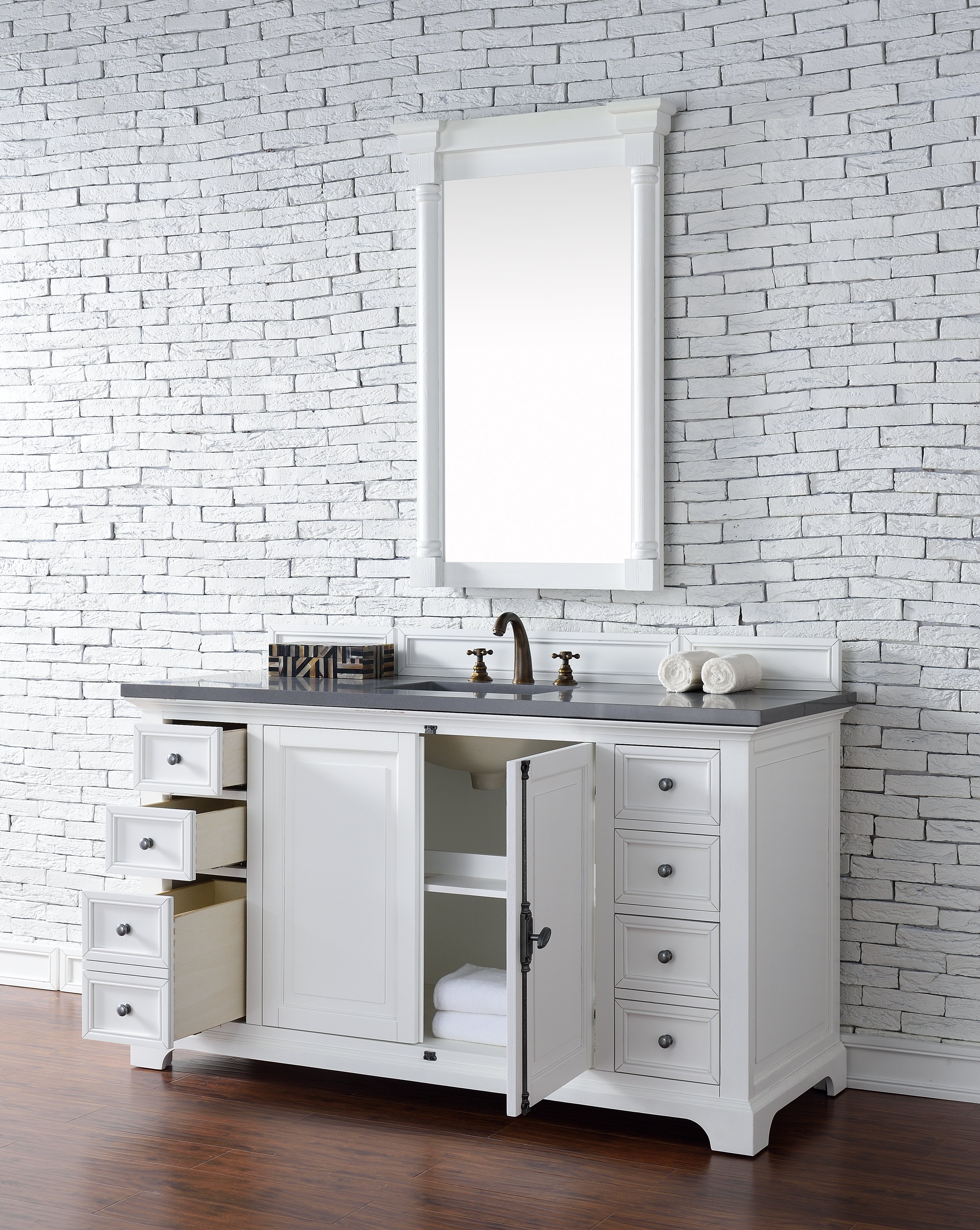 Providence 60 Inch Single Bathroom Vanity Set with 3CM Grey Expo Quartz Countertop - Bright White Finish for Modern Bathroom Remodeling & Home Upgrade