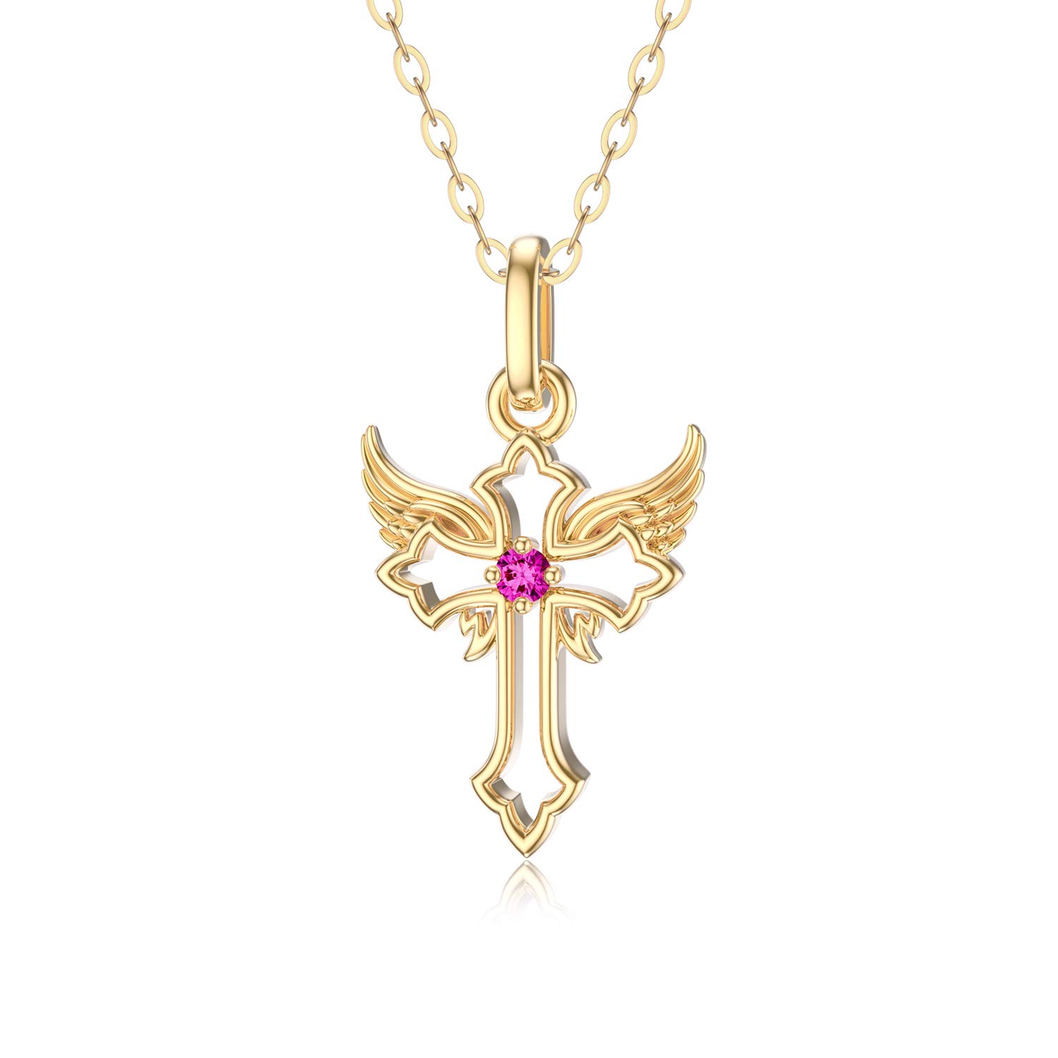14K Yellow Gold Angel Wing Cross Pendant Necklace with Cubic Zirconia - Elegant Religious Jewelry Gift for Women, Mom & Girls - Perfect for Church, Baptism, Weddings & Everyday Wear
