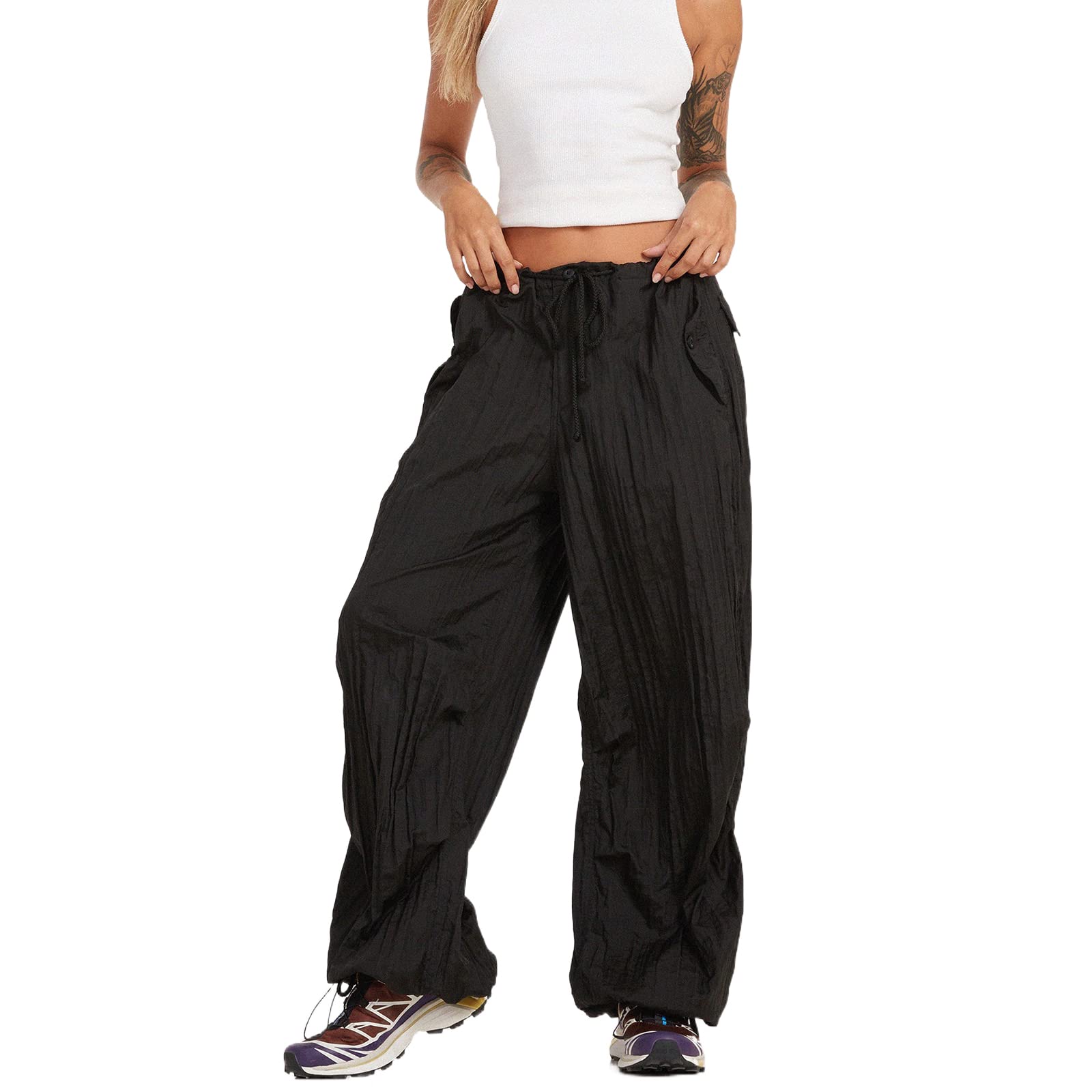 Women's Cargo Pants Baggy Wide Leg Straight Punk Grunge Joggers - 90s Hip Hop Aesthetic Low Waist Drawstring Pants for Streetwear, Casual & Outdoor Activities