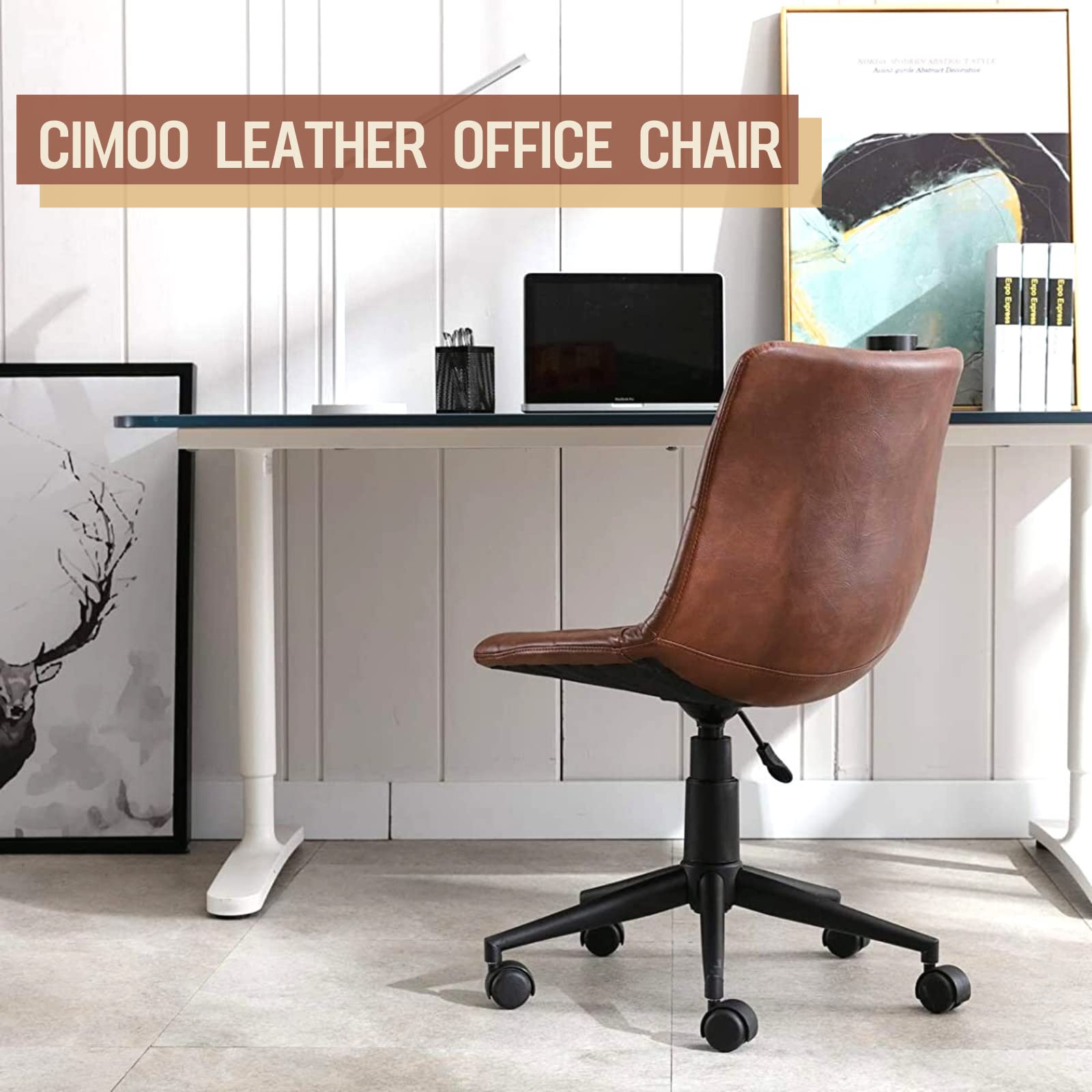 Ergonomic Armless Desk Chair - Faux Leather Adjustable Swivel Rolling Task Chair for Home Office, Study Room & Workspace - Modern Computer Chair in Brown