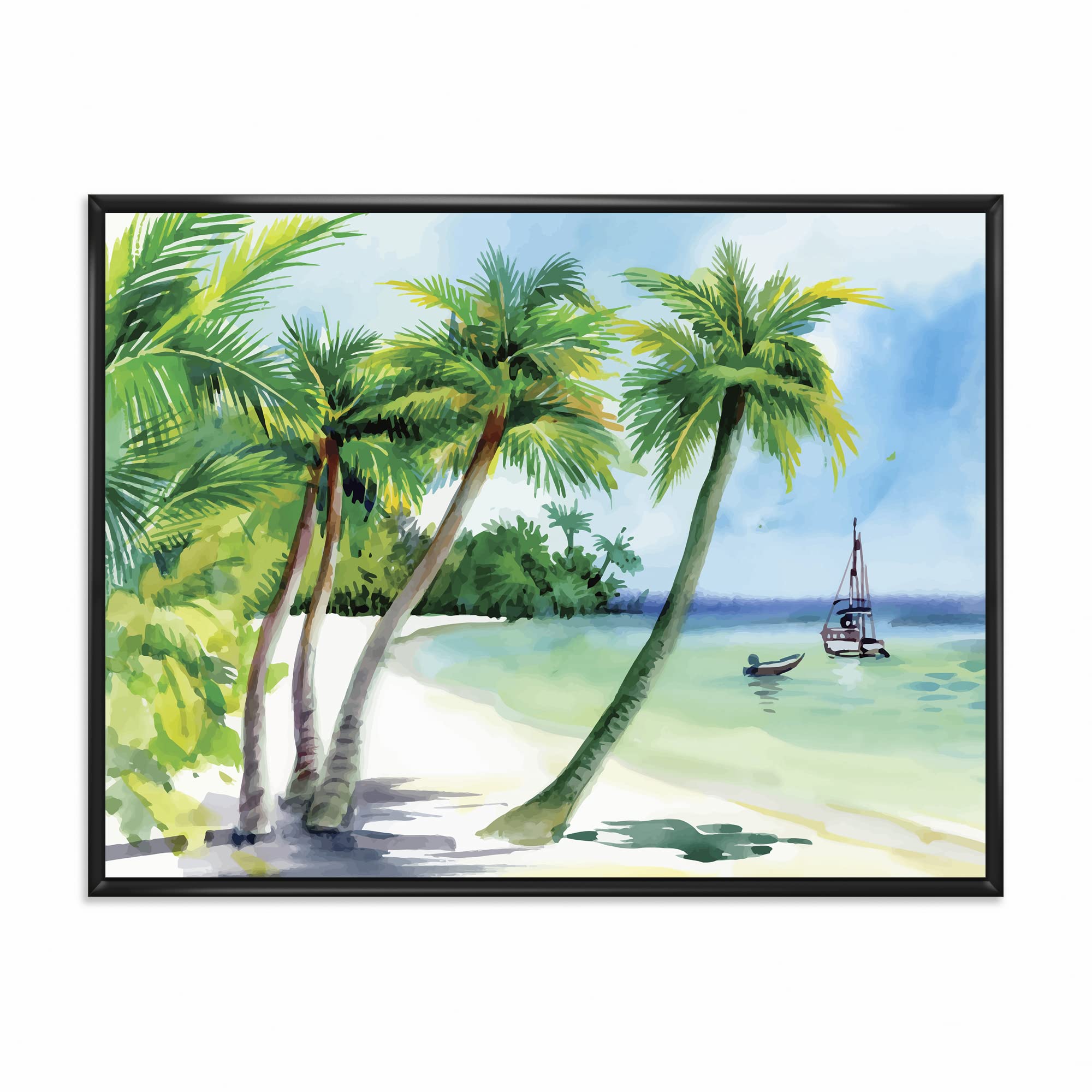 DesignQ Summer Beach With Palm Trees - Coastal Framed Canvas Wall Art Print for Living Room, Bedroom & Office Decor | Nautical Theme Home Décor