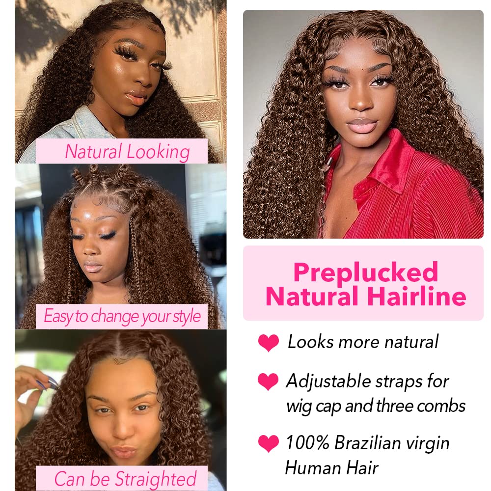 13x6 HD Transparent Lace Front Human Hair Wig - 200% Density Mongolian Curly Deep Auburn Brown with Baby Hair | Natural Chocolate Curly Lace Wig for Women | Perfect for Cosplay, Daily Wear & Special Occasions