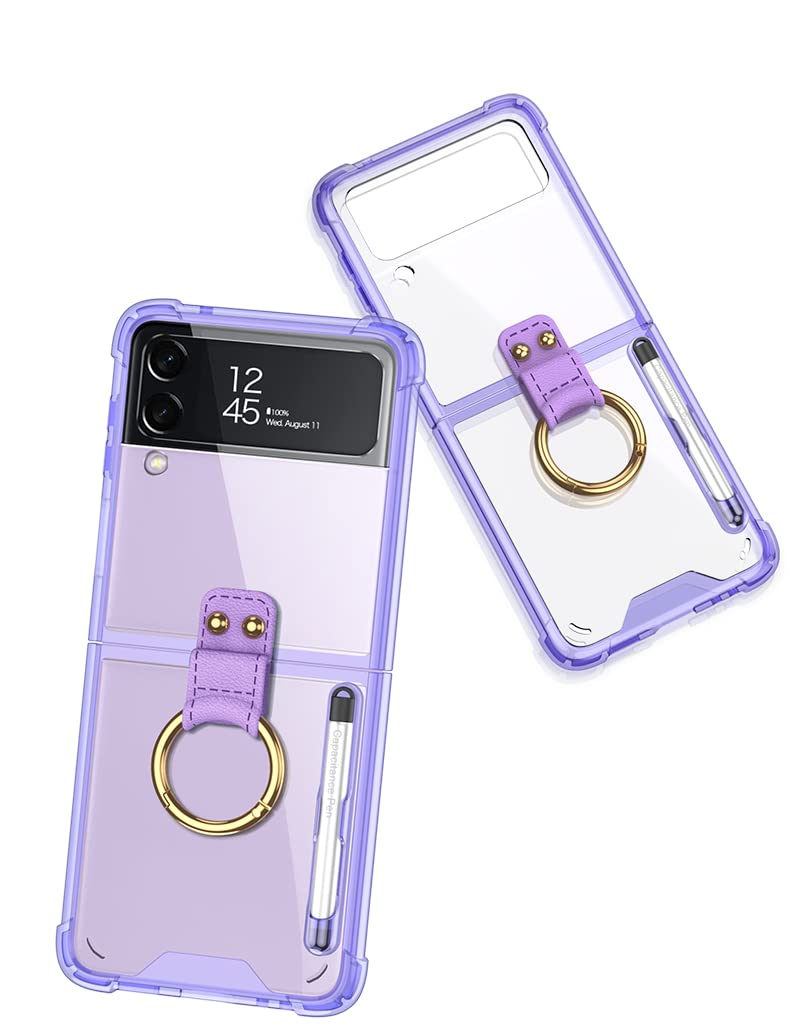 Premium Protective Case for Samsung Galaxy Z Flip 3 5G - Shockproof Full-Body Cover with Ring Stand, Stylus Holder & Pen Slot - Purple | Perfect for Video Calls, Hands-Free Viewing & Everyday Protection