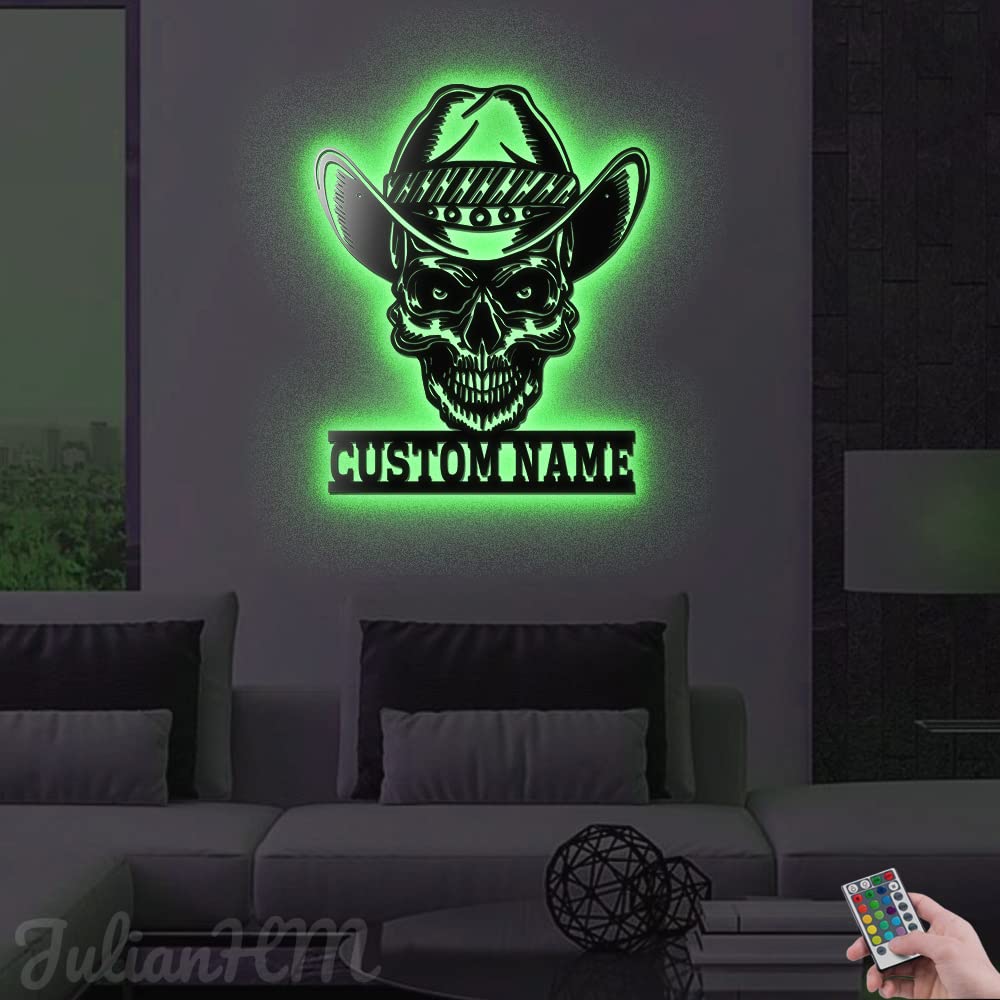 Custom Cowboy Skull LED Metal Wall Art - Personalized Name Sign for Home Decor, Western Theme Gift for Men, Father's Day Present (16x16 Inches, No Lights) - Perfect for Man Cave, Bar, Ranch, or Western-Themed Room Decoration