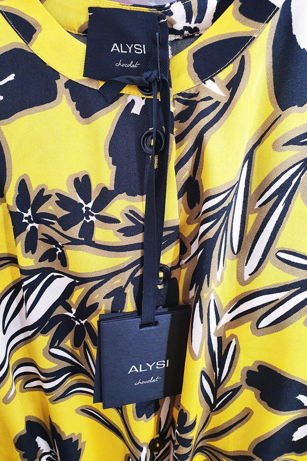 ALYSI CHOCOLAT Sunshine Yellow Floral Print 3/4 Sleeve Midi Dress - Women's Plus Size IT 44 - Perfect for Spring Weddings, Garden Parties & Brunch Dates