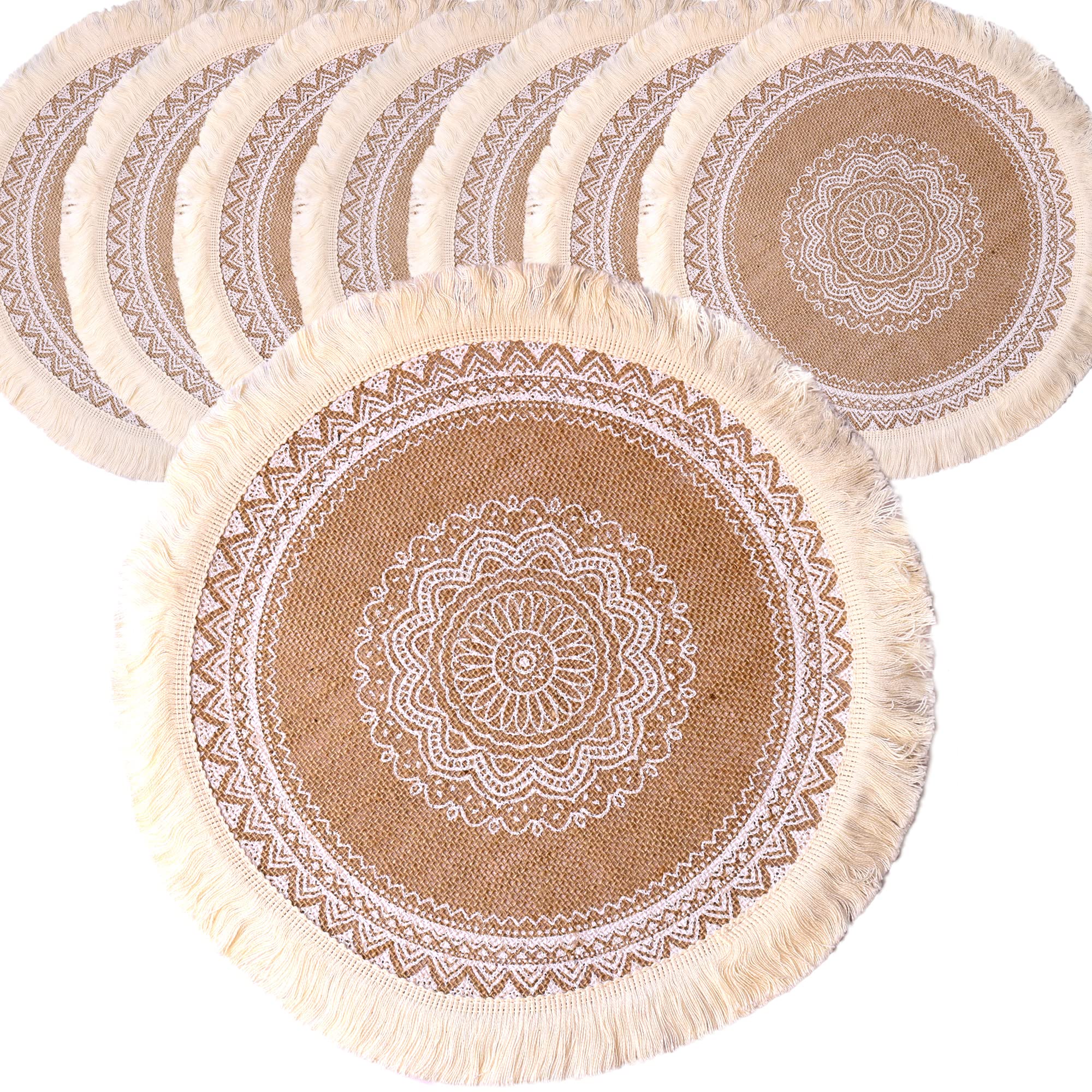 8-Pack Round Burlap Placemats with Tassels - 15