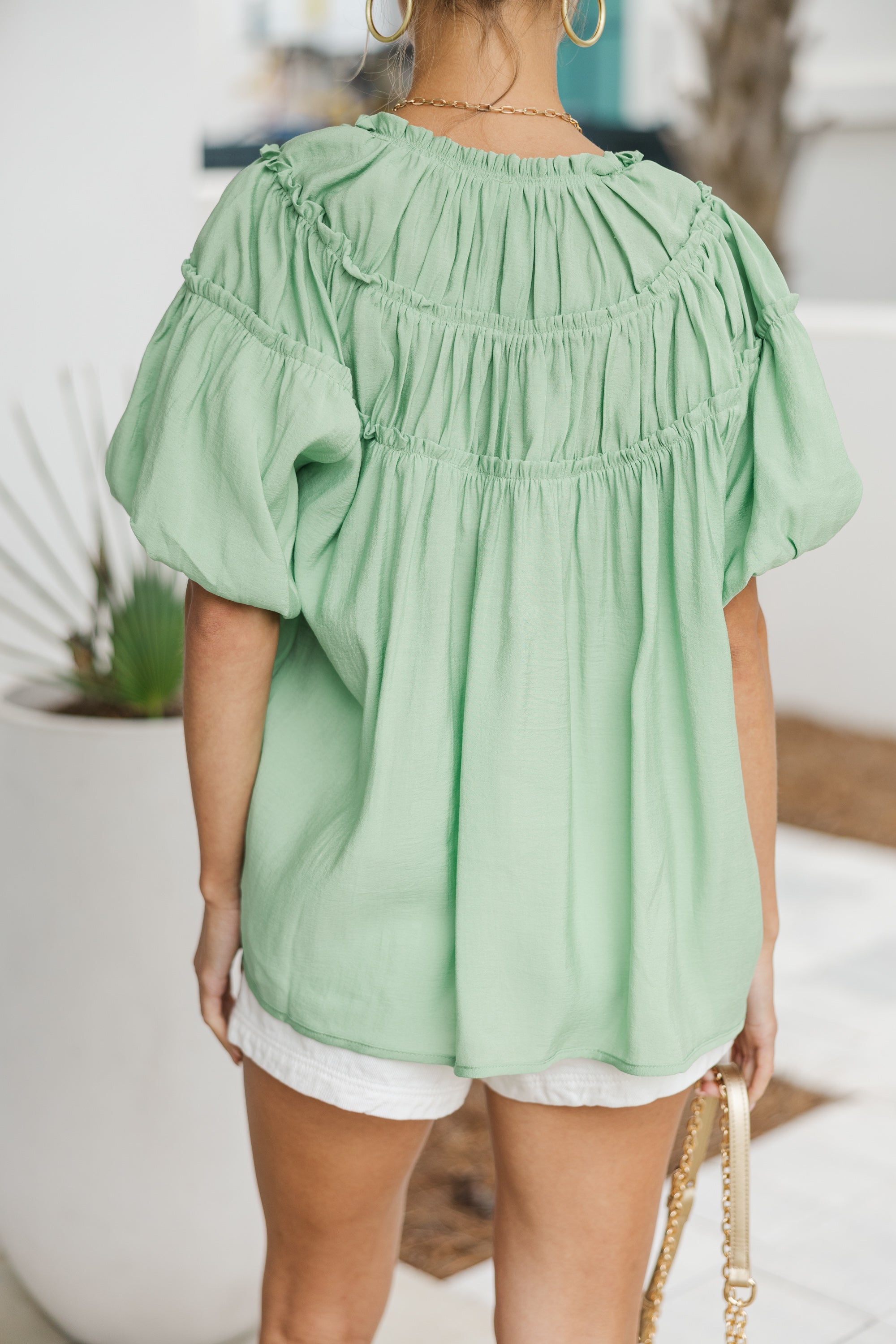 Faith In Love Light Sage Green Ruffled Blouse - Elegant Women's Fashion Top for Office, Date Night & Special Occasions