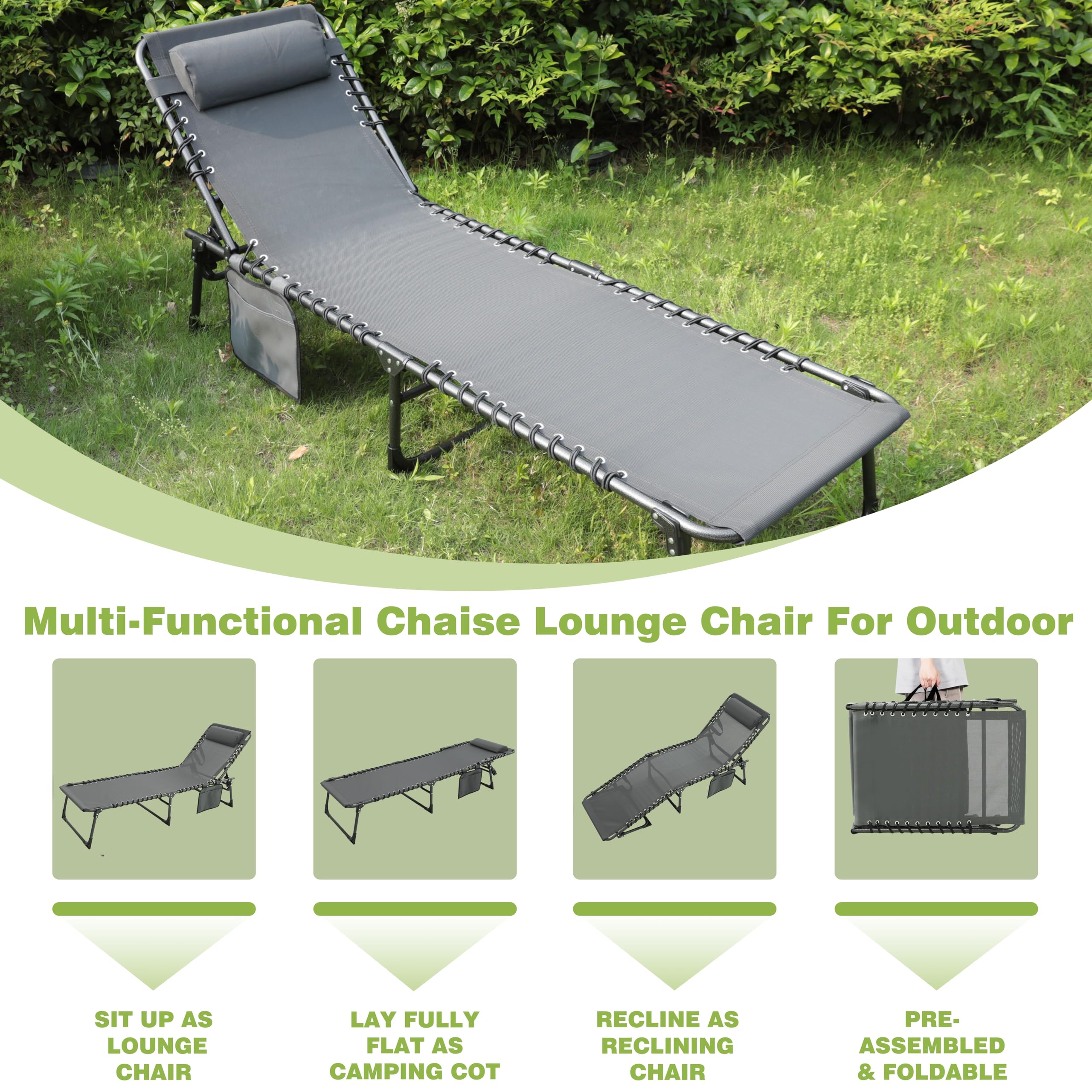 VEIKOU 5-Position Adjustable Chaise Lounge Chair - Upgraded Folding Outdoor Sun Lounger for Patio, Pool, Beach & Lawn - Deep Grey - Perfect for Sunbathing, Relaxing & Outdoor Lounging