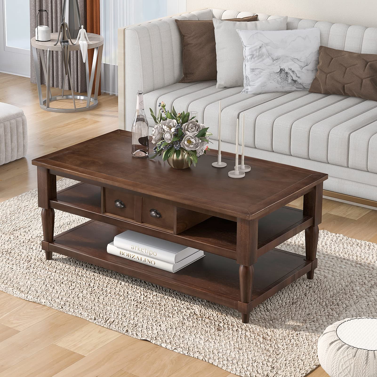 Vintage Solid Wood Coffee Table with 1 Drawer & 2 Open Shelves - Rustic Farmhouse Style Living Room End Table, Cocktail Table, Study Desk with Storage (Brown) | Perfect for Small Spaces, Apartments & Cozy Home Decor