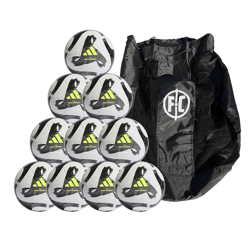 Adidas Tiro League Artificial Ground Football - 10 Balls & Carry Bag Bundle (White/Black/Iron Metallic/Solar Yellow) | Perfect for Team Training, Soccer Practice & Field Games