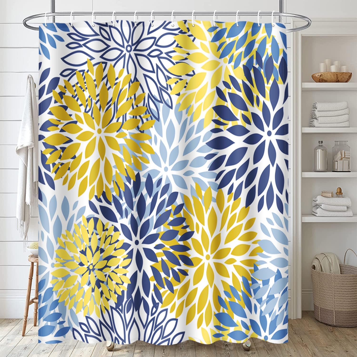 Spring Floral Bathroom Set with Shower Curtain, Rugs & Accessories - Blue Yellow Navy Flower Abstract Grey Plant Leaf Design - 4 Piece Bath Decor for Modern Home & Spa Retreat