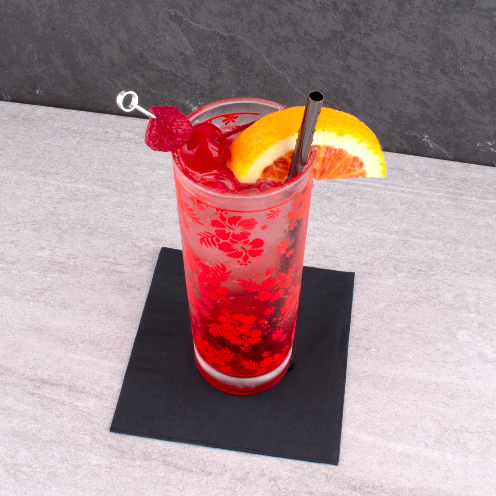 BARCONIC® Collins Glass - 9.5 oz Red Hibiscus Pattern Cocktail Glass for Mojito, Iced Tea & Summer Drinks | Durable & Stylish Barware for Home & Parties