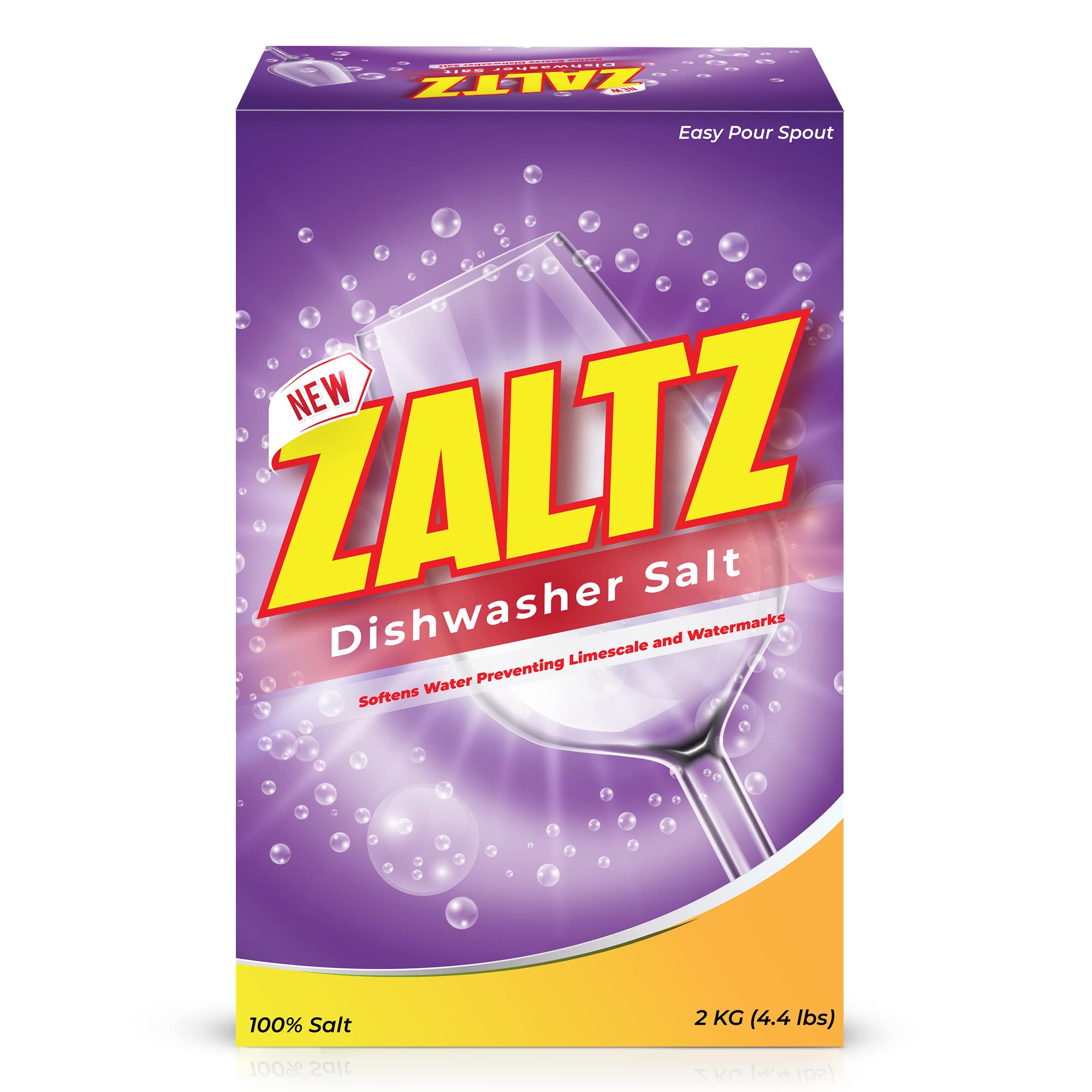 Zaltz Dishwasher Salt - Water Softener & Rinse Aid for Sparkling Clean Dishes, 4.4 lb Box with Easy-Pour Spout | Perfect for Hard Water Areas & Daily Dishwasher Maintenance
