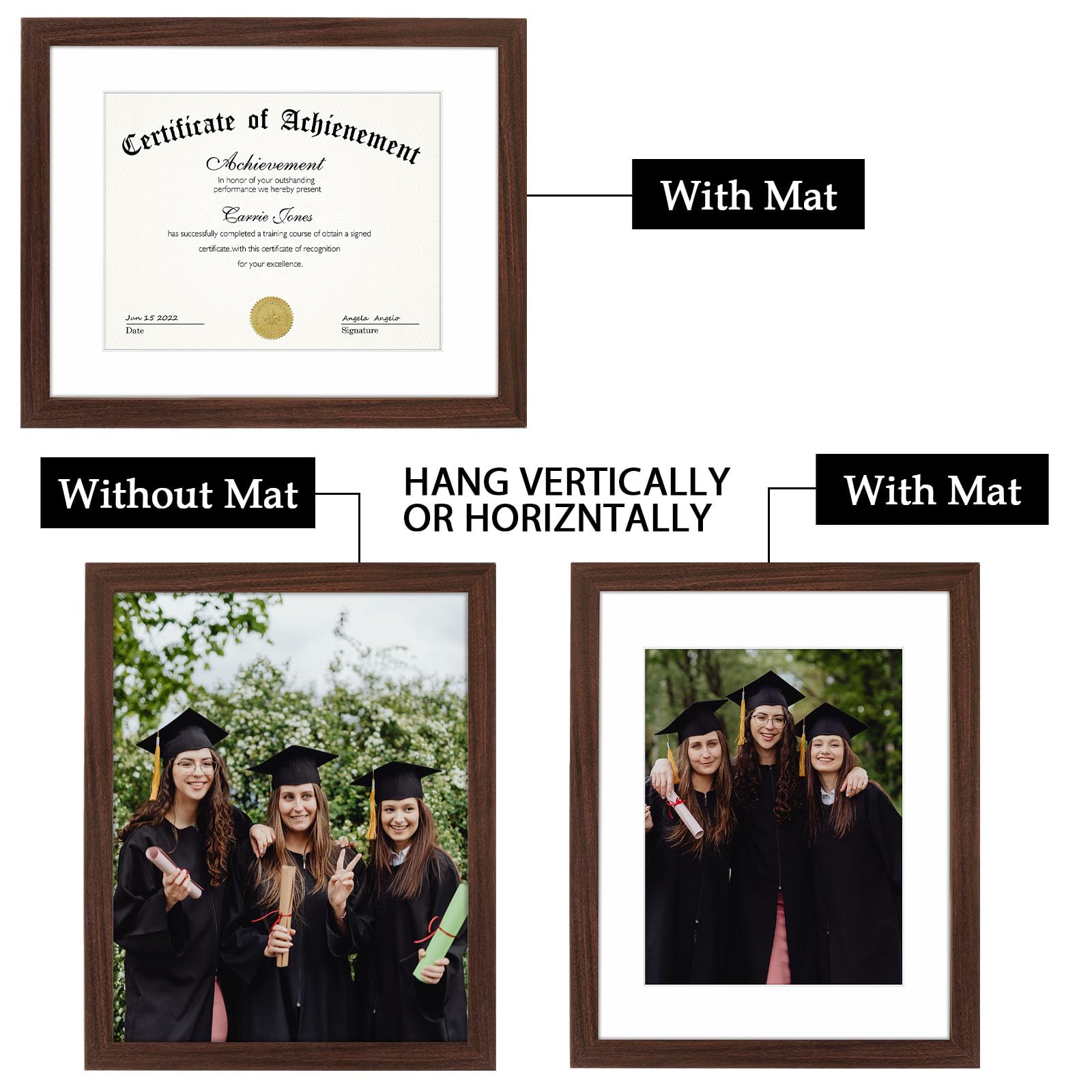 11x14 Certificate Frame with Mat for 8.5x11 Documents - Walnut Wood Picture Frame with Wall Hangers - Perfect for Displaying Diplomas, Awards, Certificates & Artwork - Home Office Decor & Gift Idea