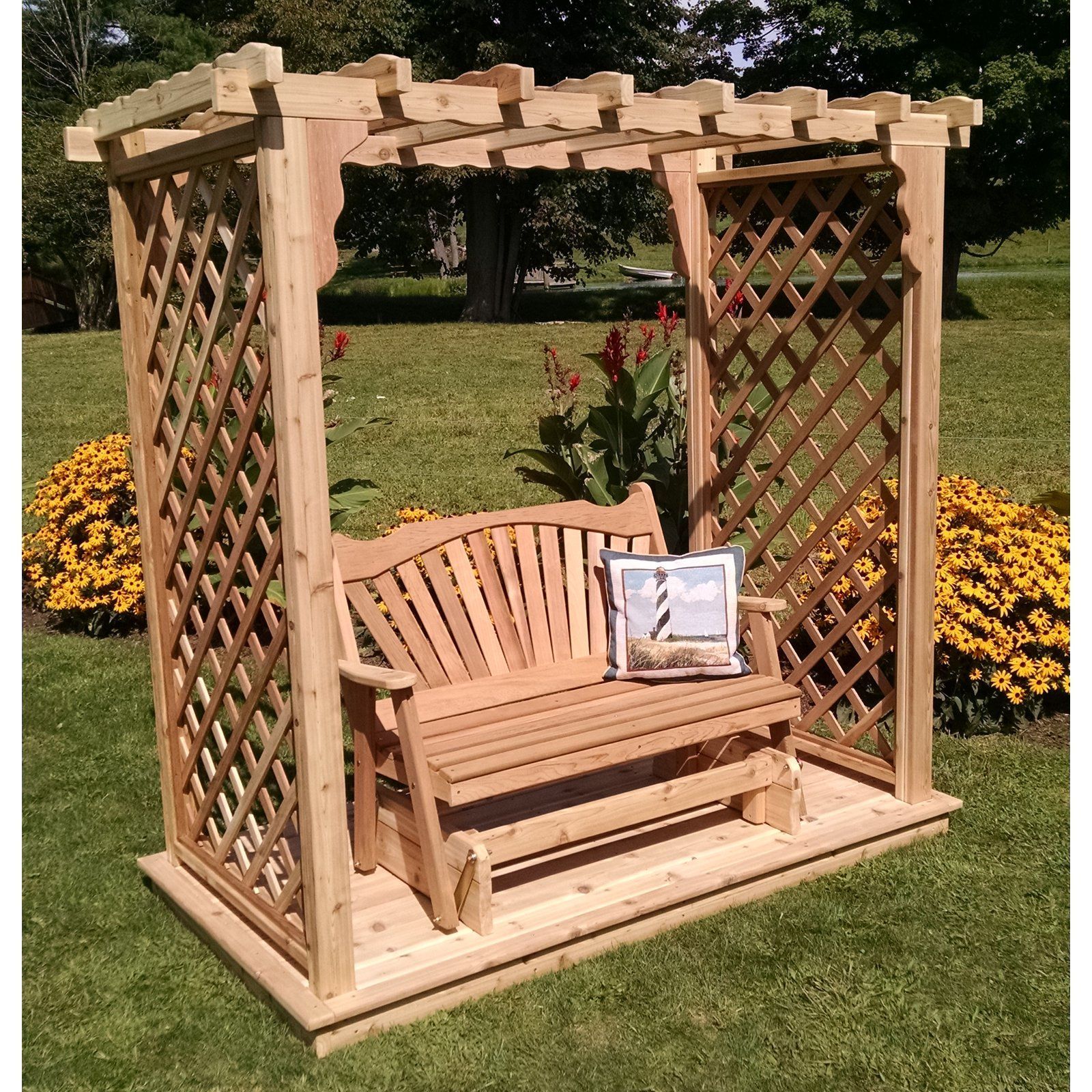 Amish Handcrafted Cedar Wood Covington Arbor with Deck & Glider - Rustic Outdoor Garden Swing Bench for Patio, Backyard & Porch Relaxation