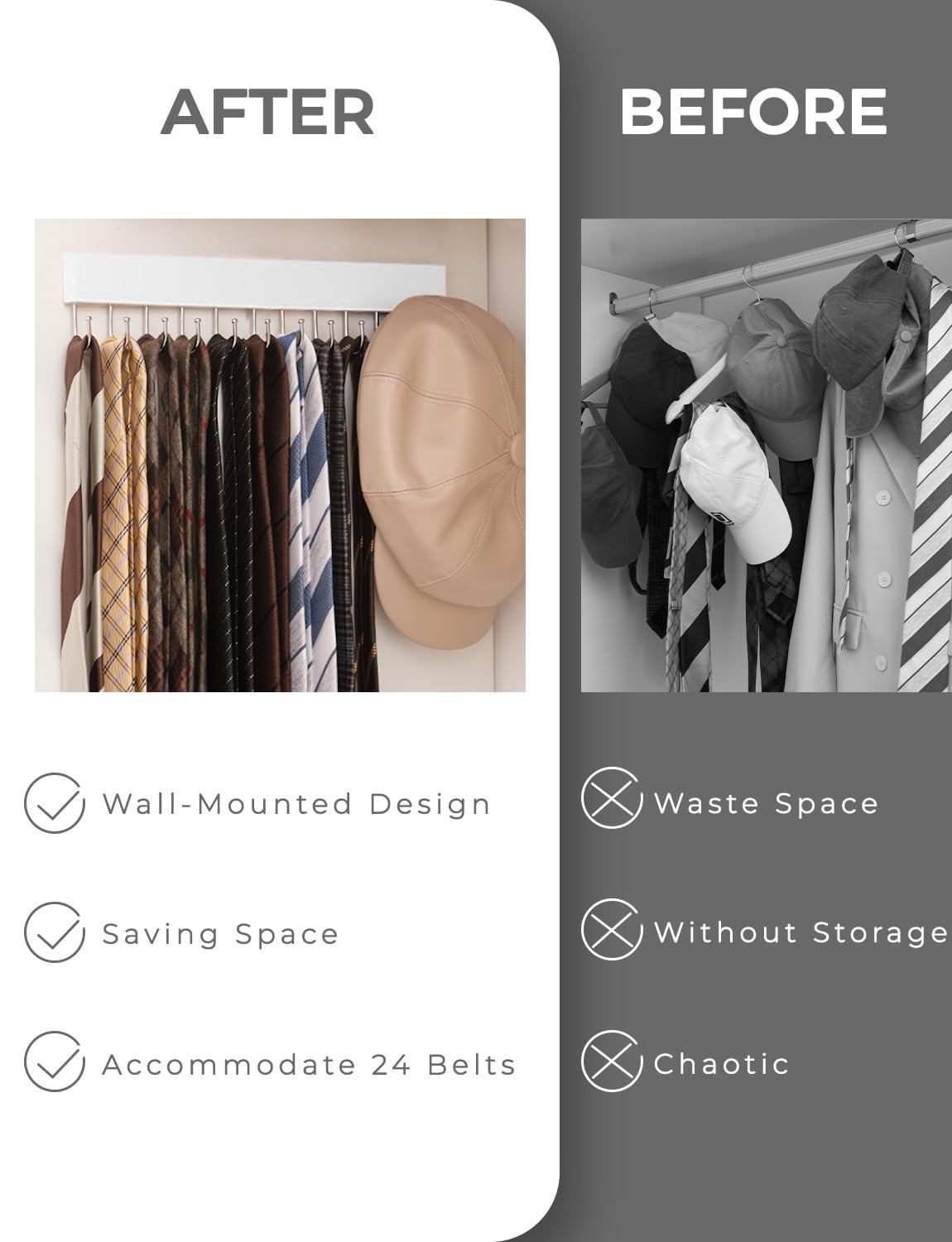 StorageWorks 12-Hook Wall-Mounted Tie Rack - 2 Pack Wooden Hangers for Neckties, Belts & Hats (White) - Perfect for Closet Organization & Accessory Storage