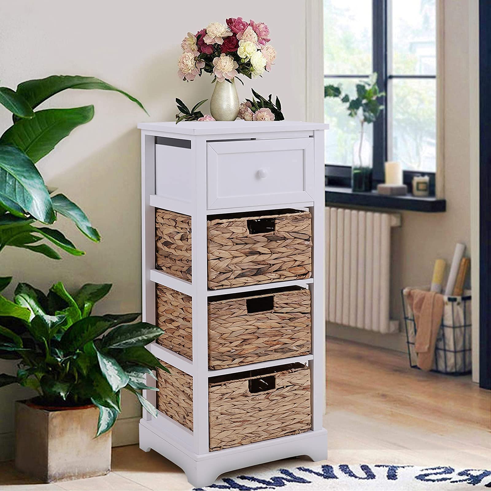 Sophia & William White 4-Tier Storage Cabinet with Drawer & 3 Removable Water Hyacinth Baskets - Tall Vertical Dresser Tower for Bedroom, Living Room, Entryway Organization