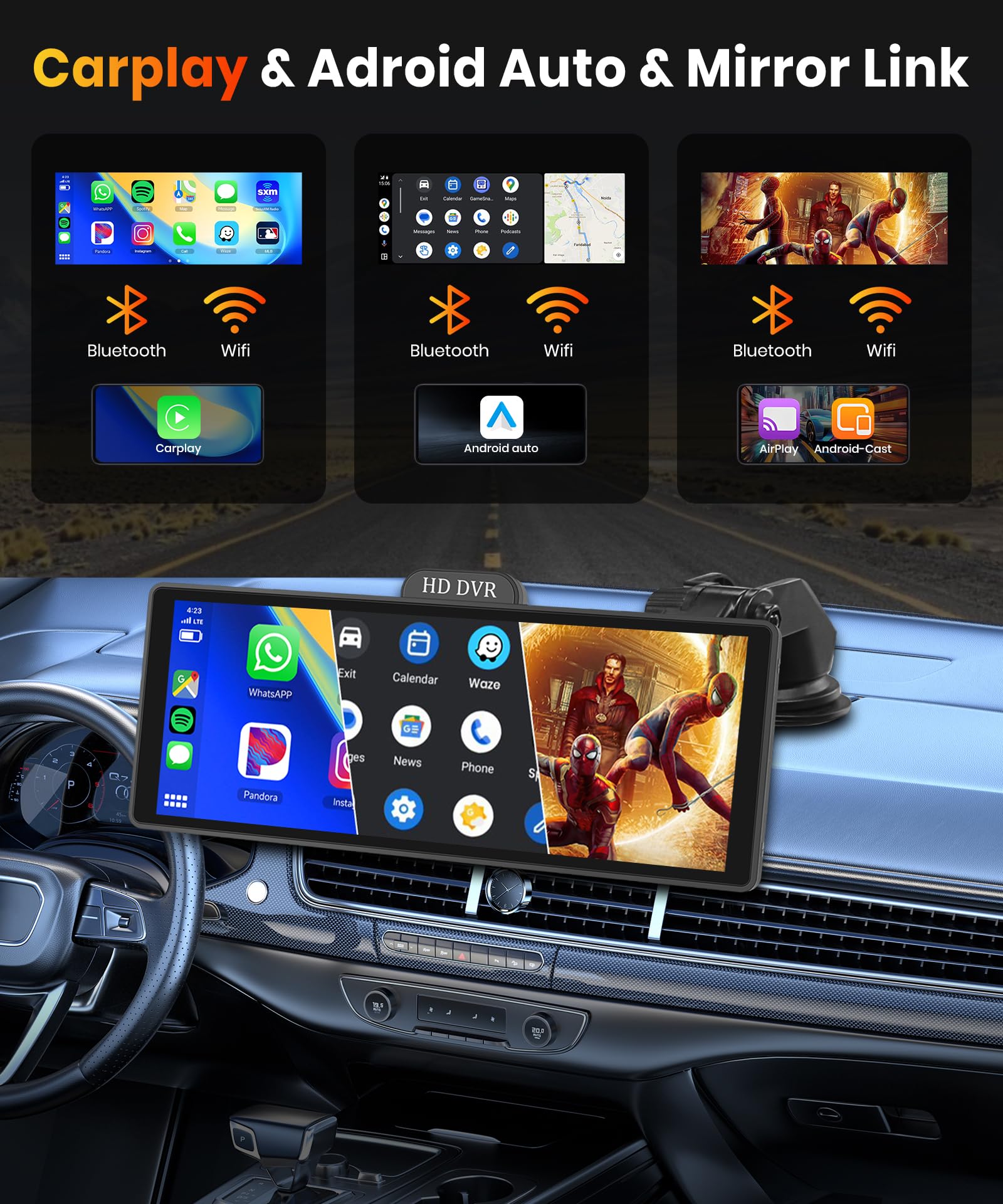 10.26 Inch Wireless CarPlay & Android Auto Screen for Car - HD IPS Touchscreen with Built-in Dash Cam & Rear Backup Camera, Dual Bluetooth, GPS, AUX, 64GB TF Card - Perfect for Safer Driving & Hands-Free Navigation