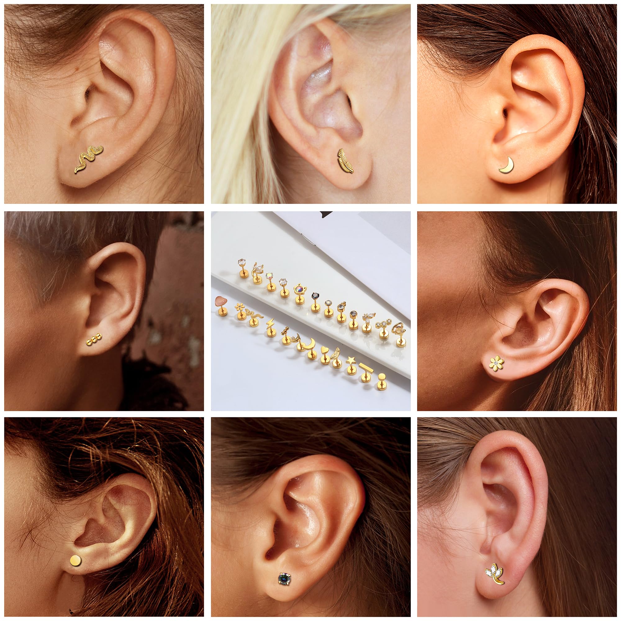 24Pcs Stainless Steel Flat Back Earrings for Women - Helix, Conch, Tragus, Cartilage Piercing Jewelry Set (Silver & Gold) | Screw Back Stud Earrings for Everyday Wear, Parties & Gifts