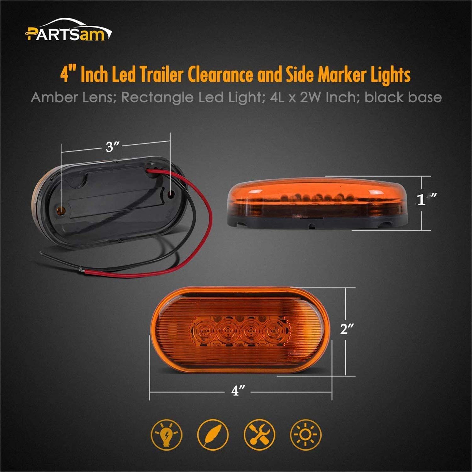 Partsam 4pcs Amber 10LED Side Marker Clearance Lights for Trailer Truck RV Camper - 4 Inch 4x2 Rectangular 12V LED Identification Lights - Perfect for Road Safety & Vehicle Visibility at Night