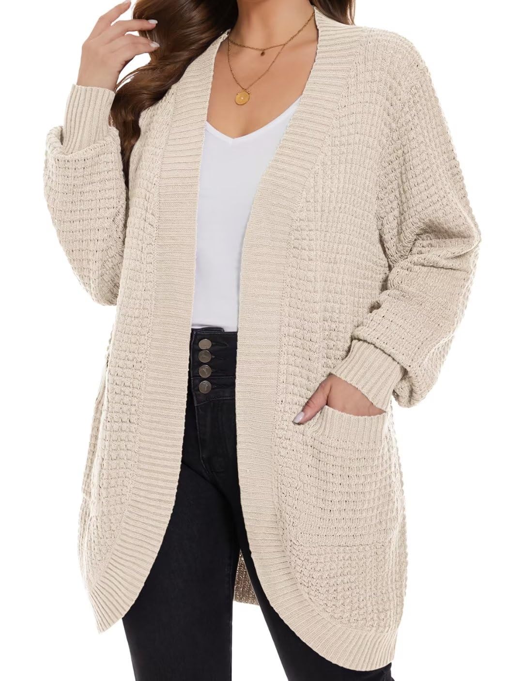 MONNURO Women's Plus Size Open Front Cardigan - Waffle Knit Long Sleeve Sweater Top with Pockets | 2024 Fall Fashion Outerwear | Cozy Lounge Wear & Office Cardigan