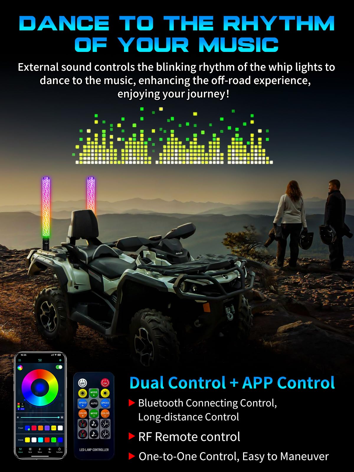 2 Pack 2FT Fat LED Whip Lights with App & Remote Control - RGB Spiral Chasing Lighted Antenna Whips for UTV ATV RZR Can-Am X3 Off-Road Vehicles - Perfect for Night Riding, Off-Road Adventures & Camping