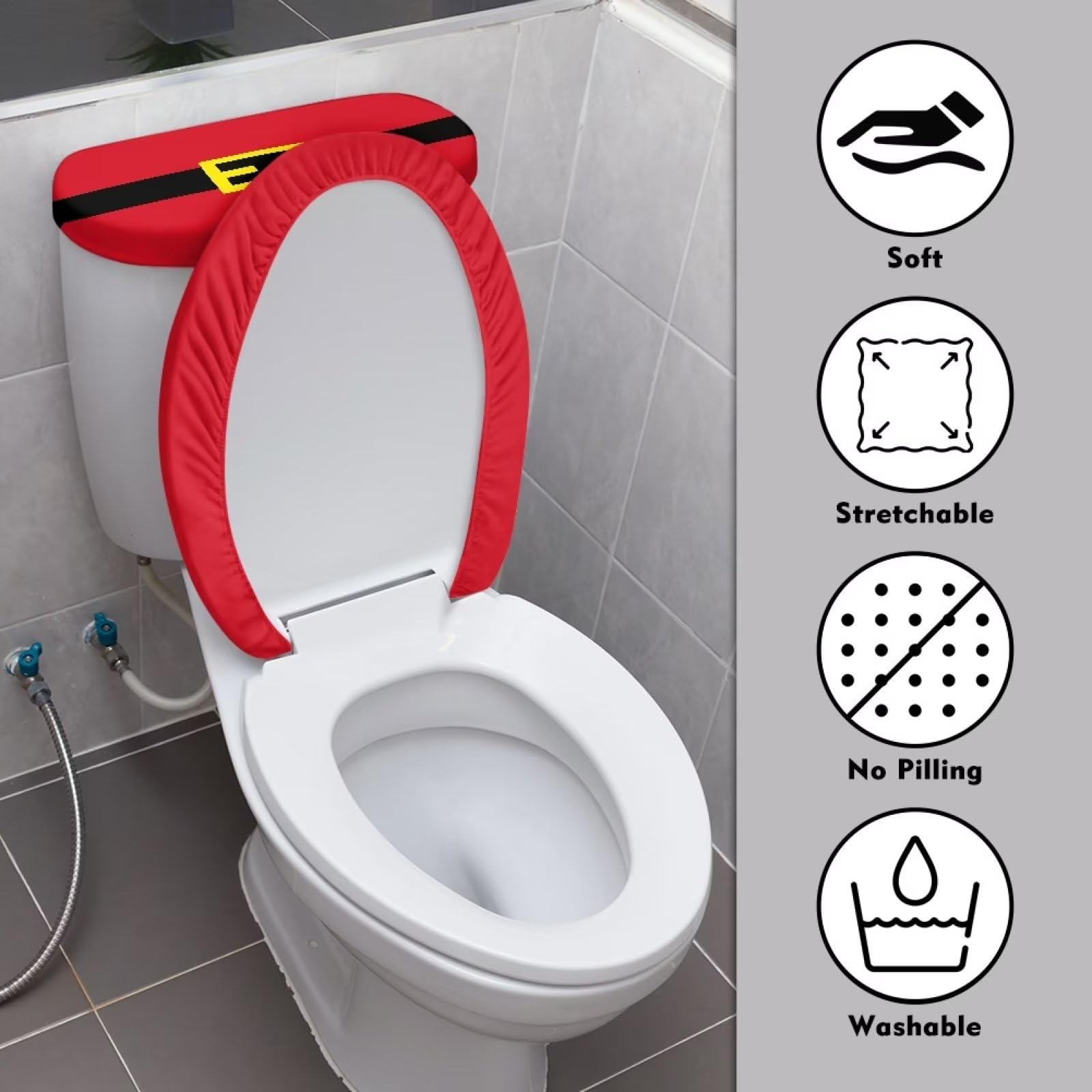Red Santa Claus Toilet Tank Cover 2-Pack - Stretchable Anti-Stain Fabric Toilet Seat Cover Replacement for Christmas Bathroom Decor - Perfect for Holiday Home Decor & Festive Bathroom Accessories