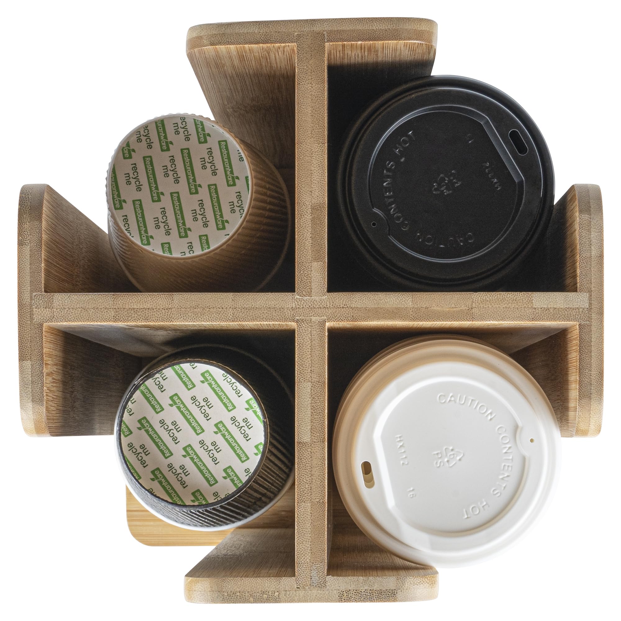 Restaurantware Restpresso 9 x 18 Inch Coffee Cup and Lid Organizer - 4-Section Revolving Bamboo Cup Holder for Restaurants, Homes & Offices | Space-Saving Countertop Solution for Coffee Shops, Break Rooms & Cafés