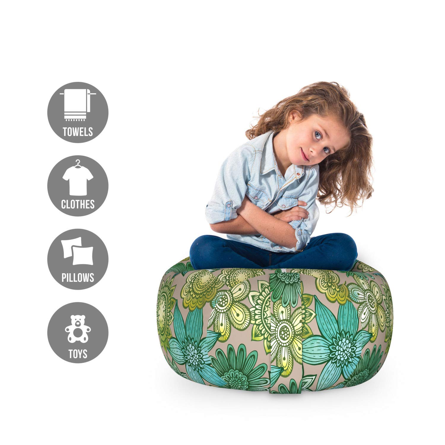 Ambesonne Ethnic Toy Storage Bag Chair - Traditional Oriental Blossom Bouquet Pattern with Flower Petals, Washable Stuffed Animal Organizer for Kids Room, Small Size in Turquoise Beige Green - Perfect for Nursery Decor & Playroom Organization