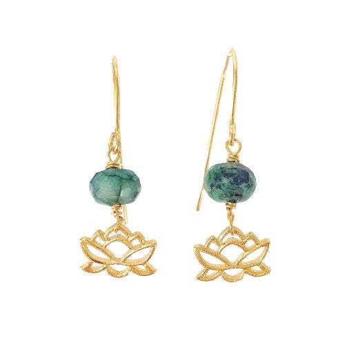 Emerald Lotus Drop Earrings - 14k Gold Filled Dangle Earrings for Women | Perfect for Weddings, Parties & Special Occasions