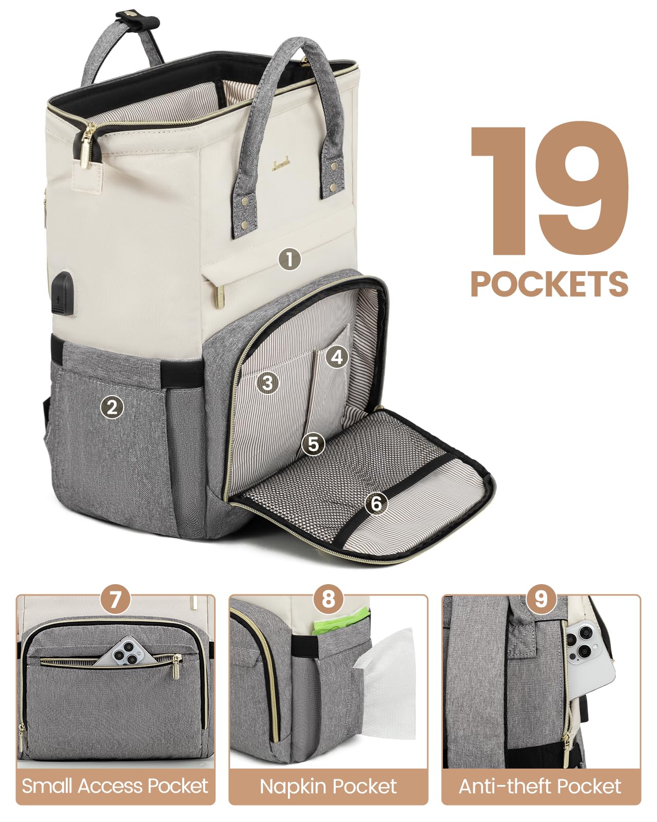 LOVEVOOK Stylish Laptop Backpack for Women - Fashionable Beige Grey Computer Backpack, Perfect for School, Work, Travel, and Daily Commute, Fits 15.6-Inch Laptop