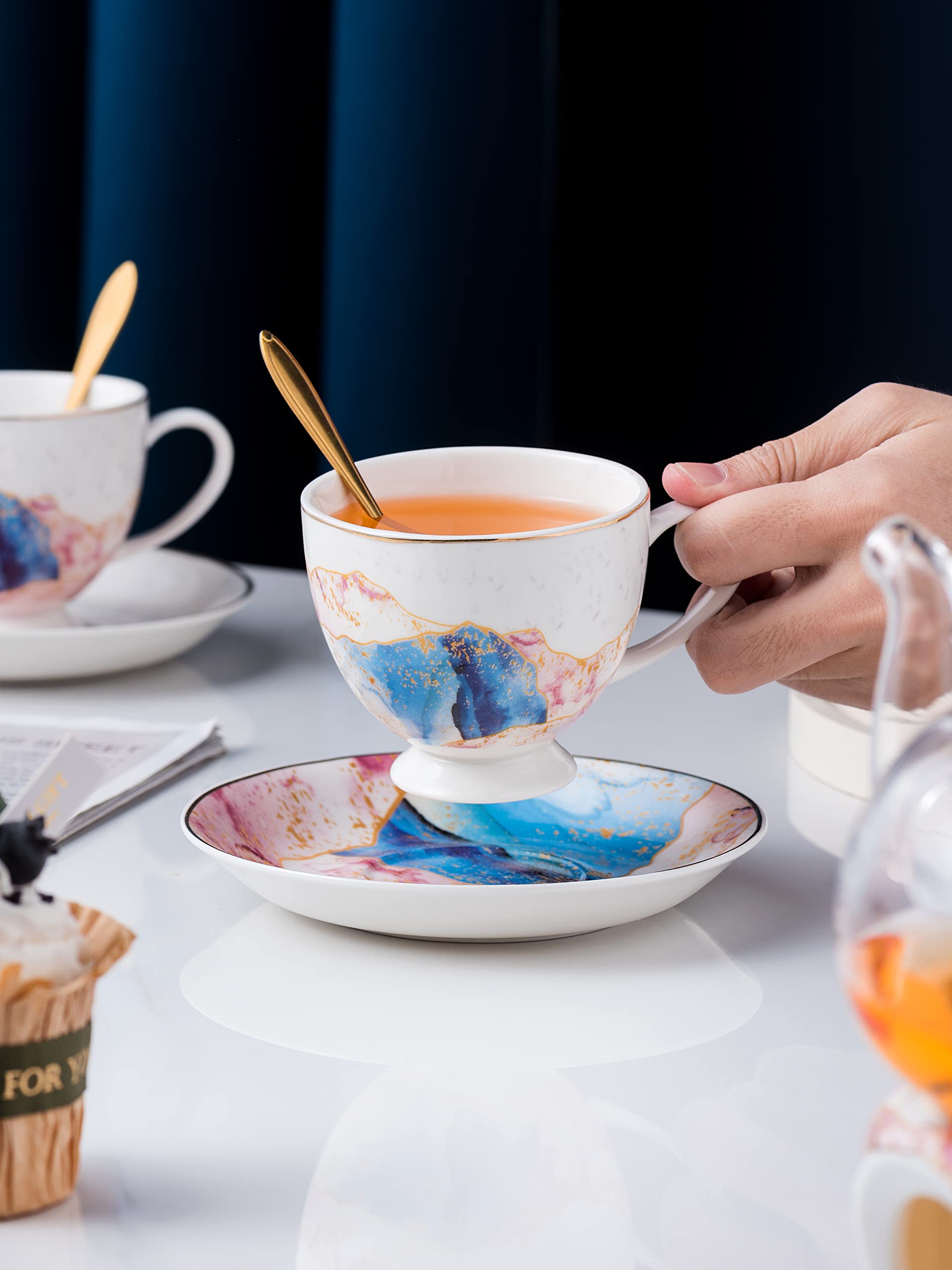 Jusalpha Fine China Rainbow Galaxy Series 16-Piece Glass Tea Set with Infuser, Warmer, Teacups, Saucers & Spoon - Elegant Gift Box - Perfect for Afternoon Tea, Bridal Showers & Home Decor (FD Glass Pot Set 08)